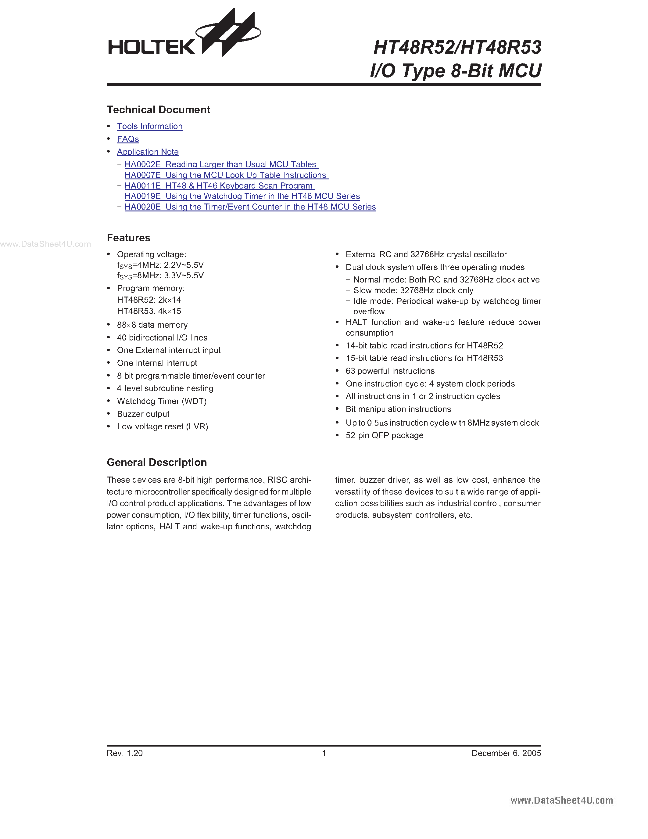Datasheet HT48R52 - (HT48R52 / HT48R53) I/O Type 8-Bit MCU page 1