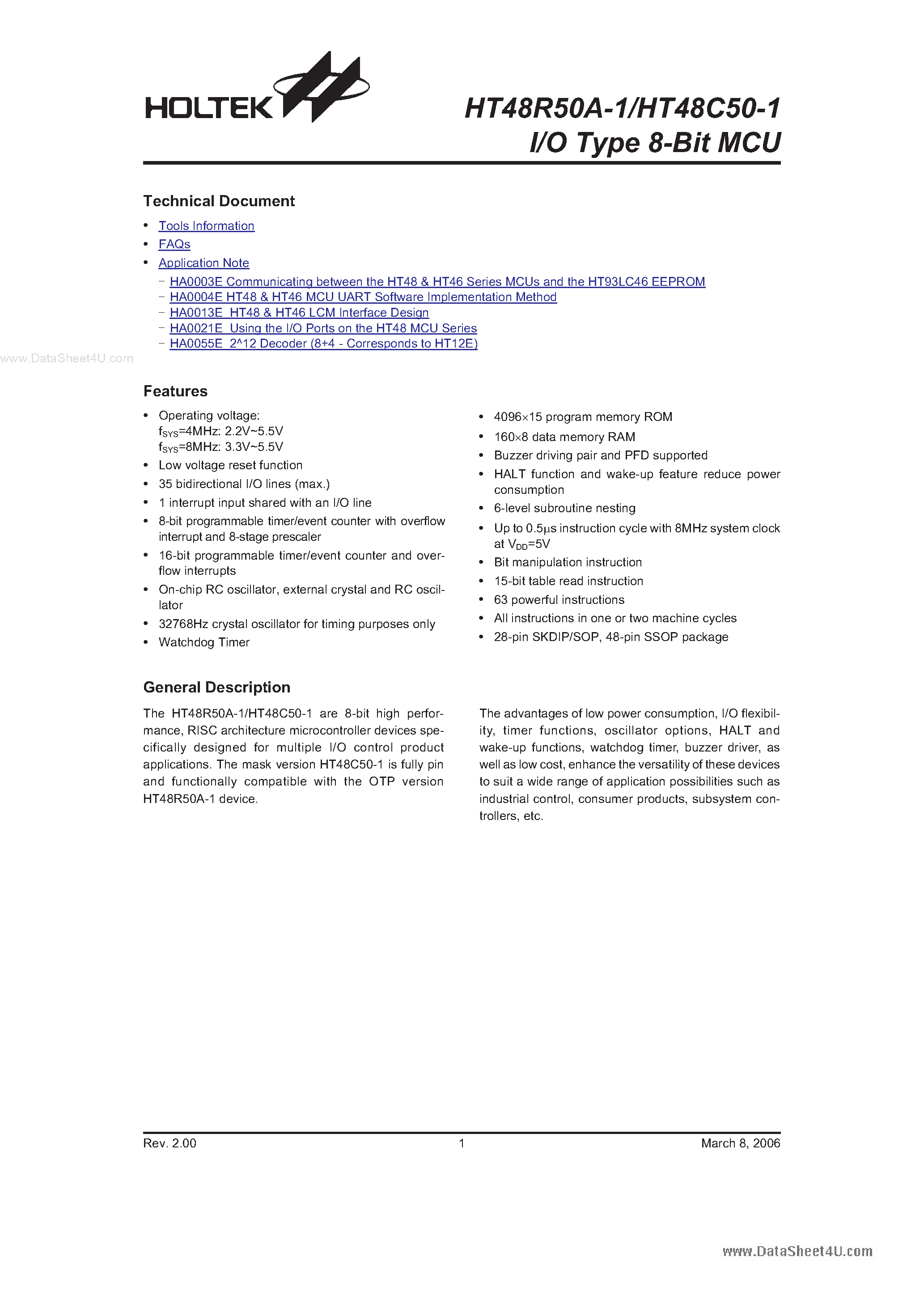 Datasheet HT48C50A-1 - (HT48R50A-1 / HT48C50A-1) I/O Type 8-Bit MCU page 1