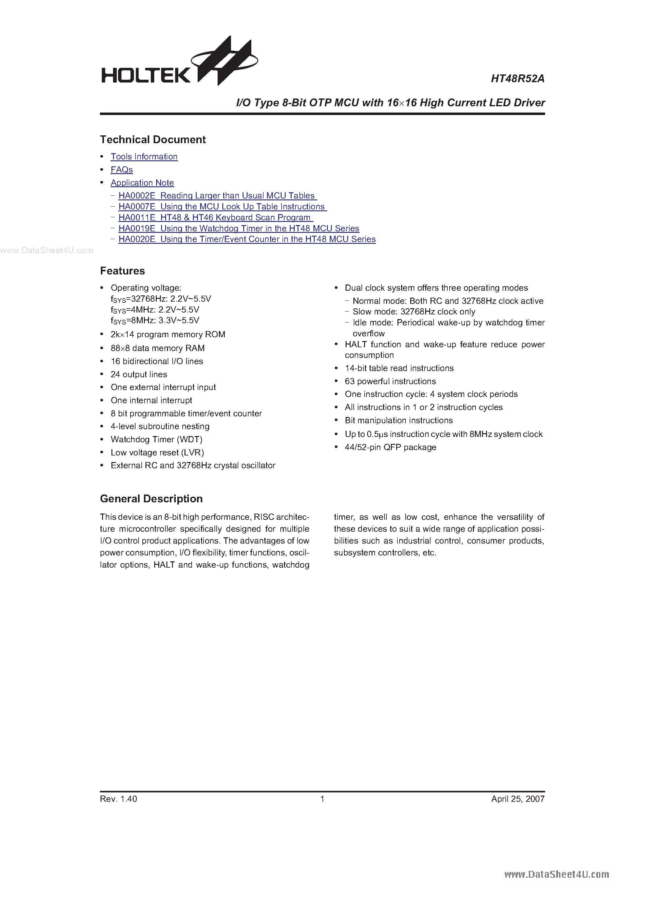 Datasheet HT48R52A - I/O Type 8-Bit OTP MCU page 1