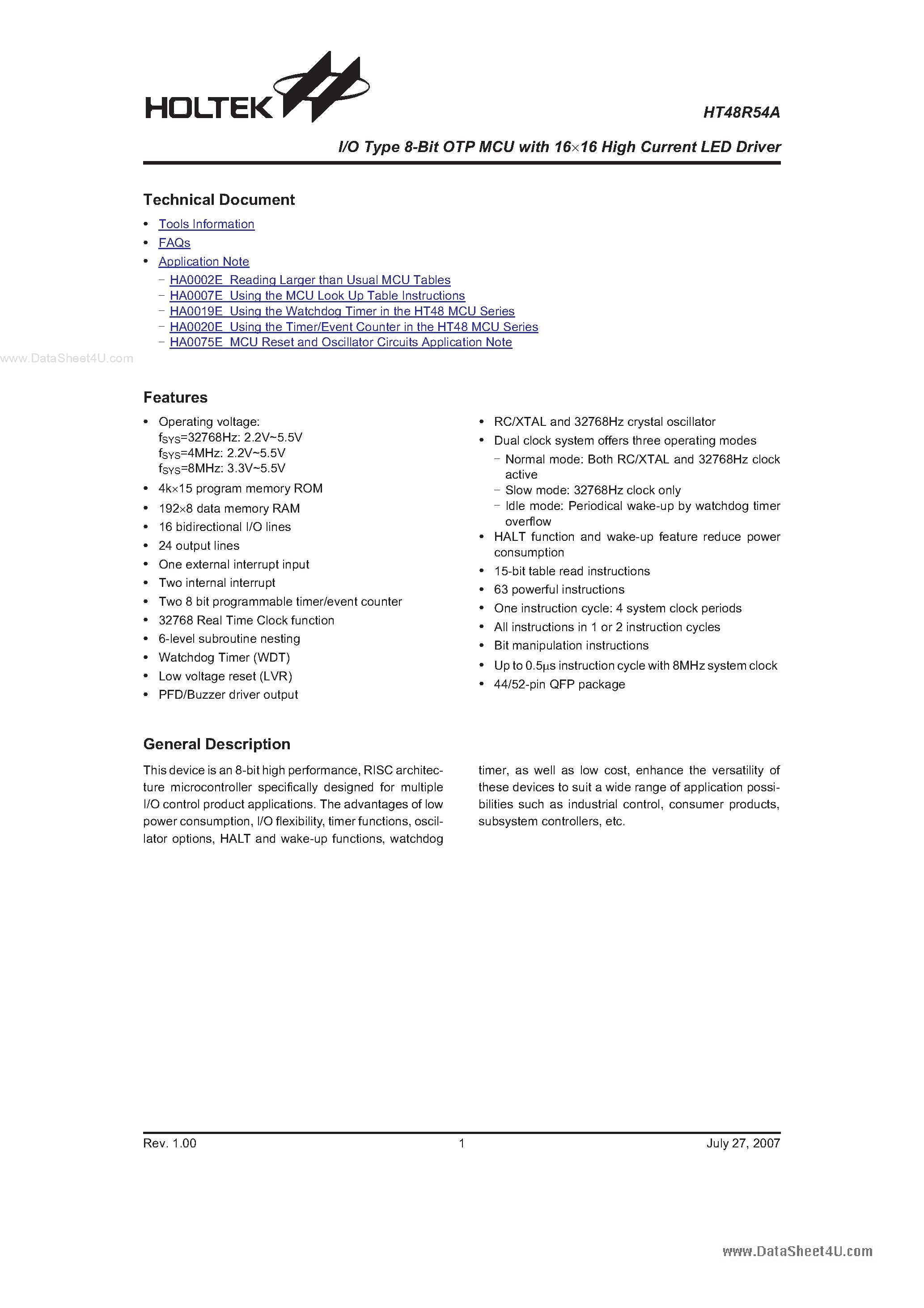 Datasheet HT48R54A page 1 Datasheet HT48R54A - I/O Type 8-Bit OTP MCU page 1