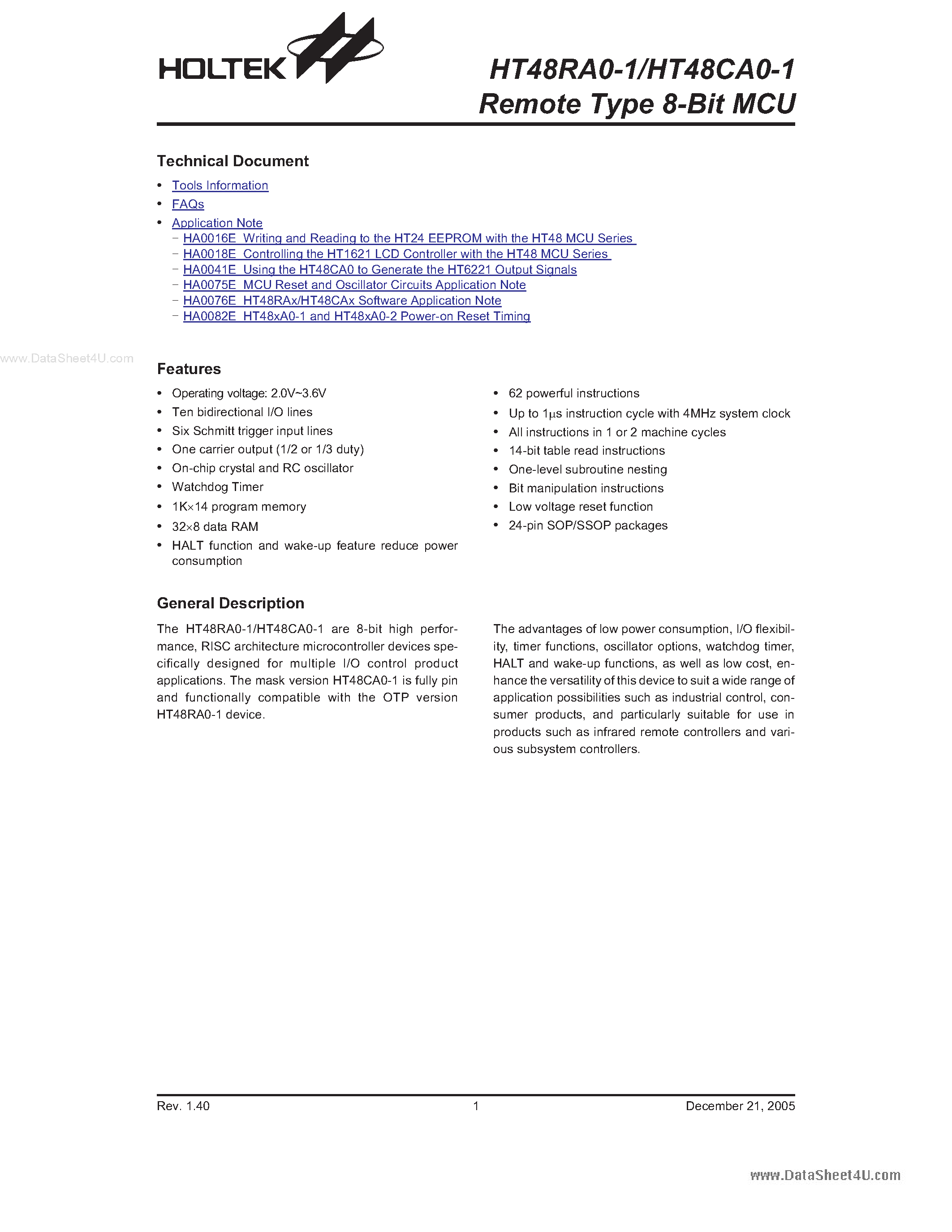 Datasheet HT48CA0-1 - (HT48RA0-1 / HT48CA0-1) Remote Type 8-Bit MCU page 1