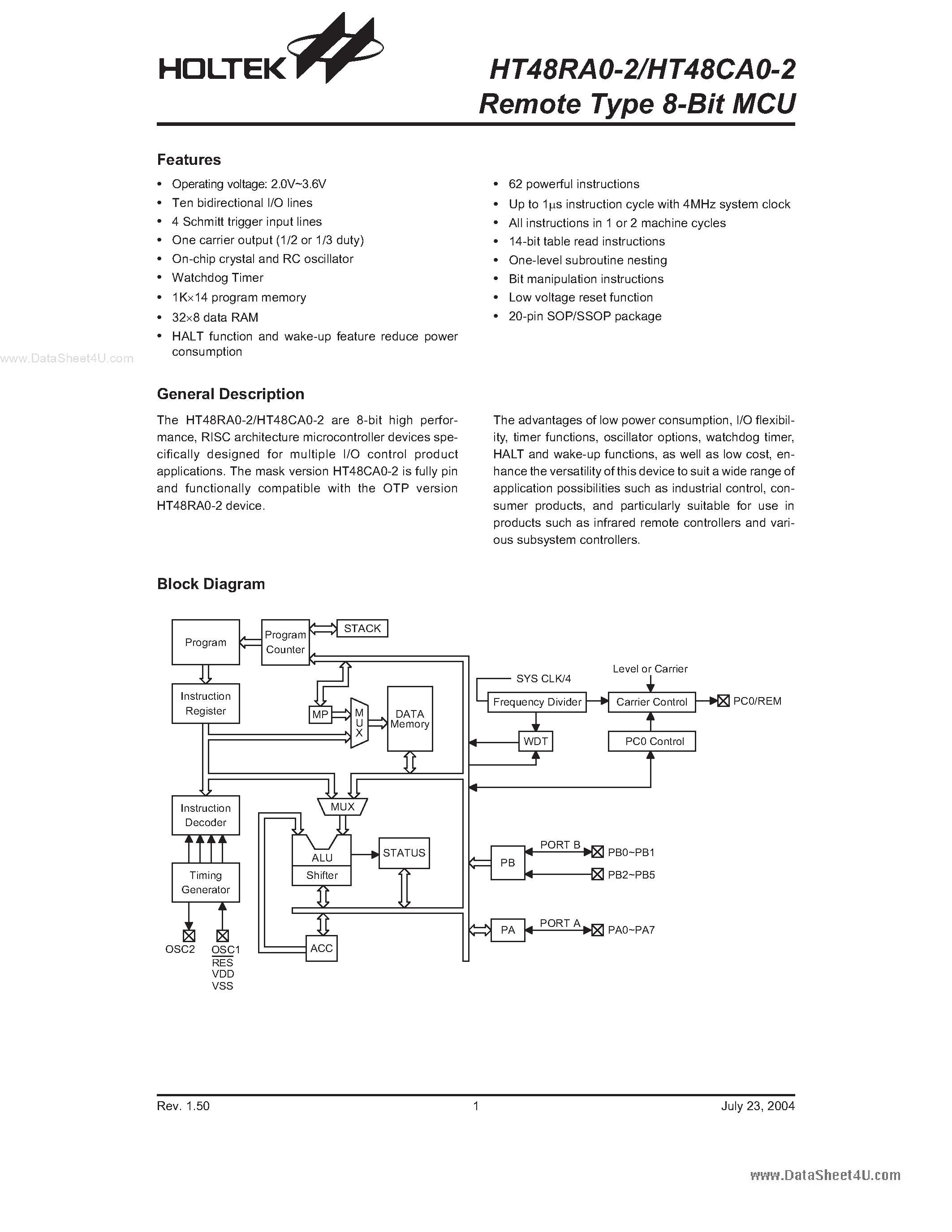 Datasheet HT48CA0-2 page 1 Datasheet HT48CA0-2 - (HT48RA0-2 / HT48CA0-2) Remote Type 8-Bit MCU page 1