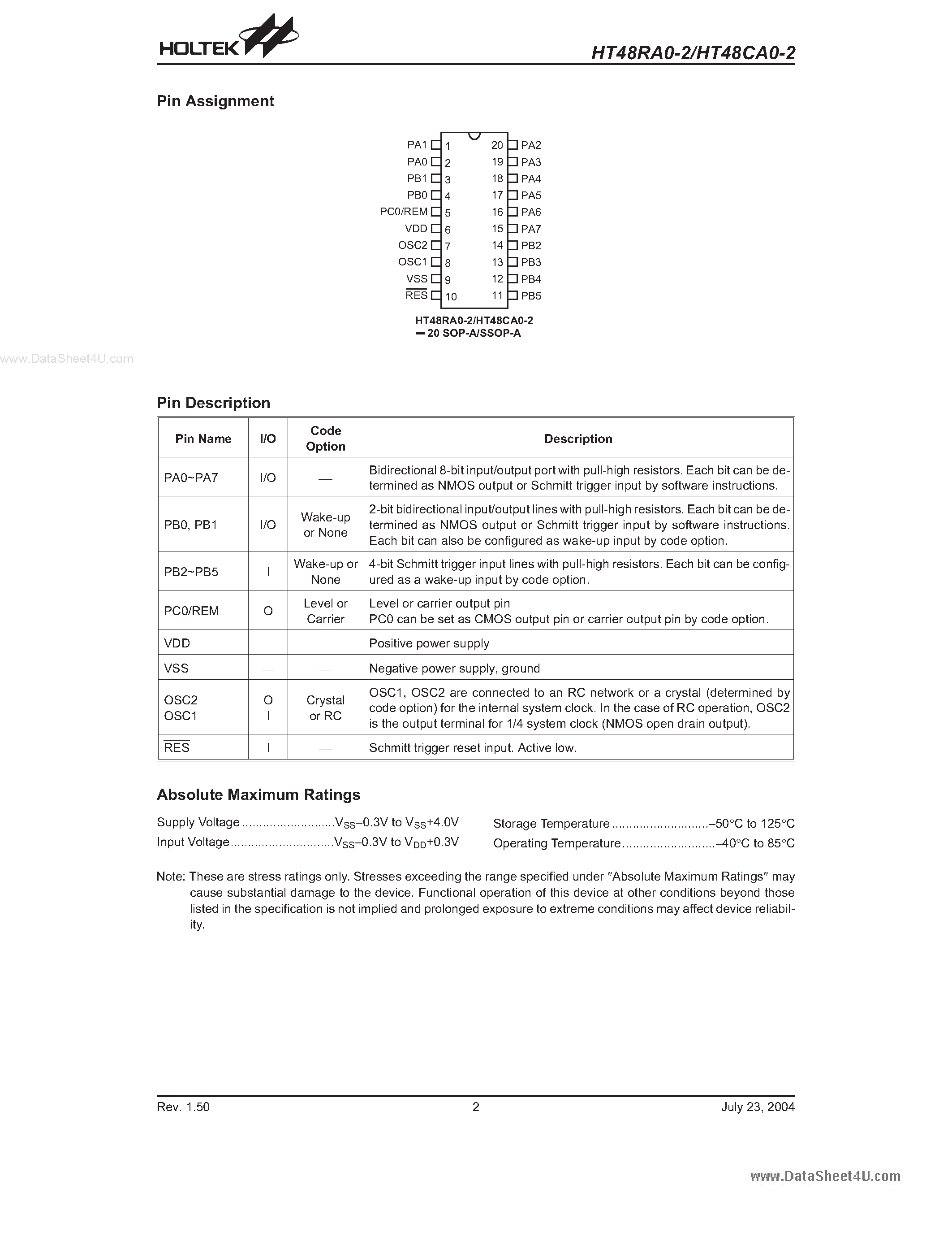 Datasheet HT48CA0-2 page 2 Datasheet HT48CA0-2 - (HT48RA0-2 / HT48CA0-2) Remote Type 8-Bit MCU page 2