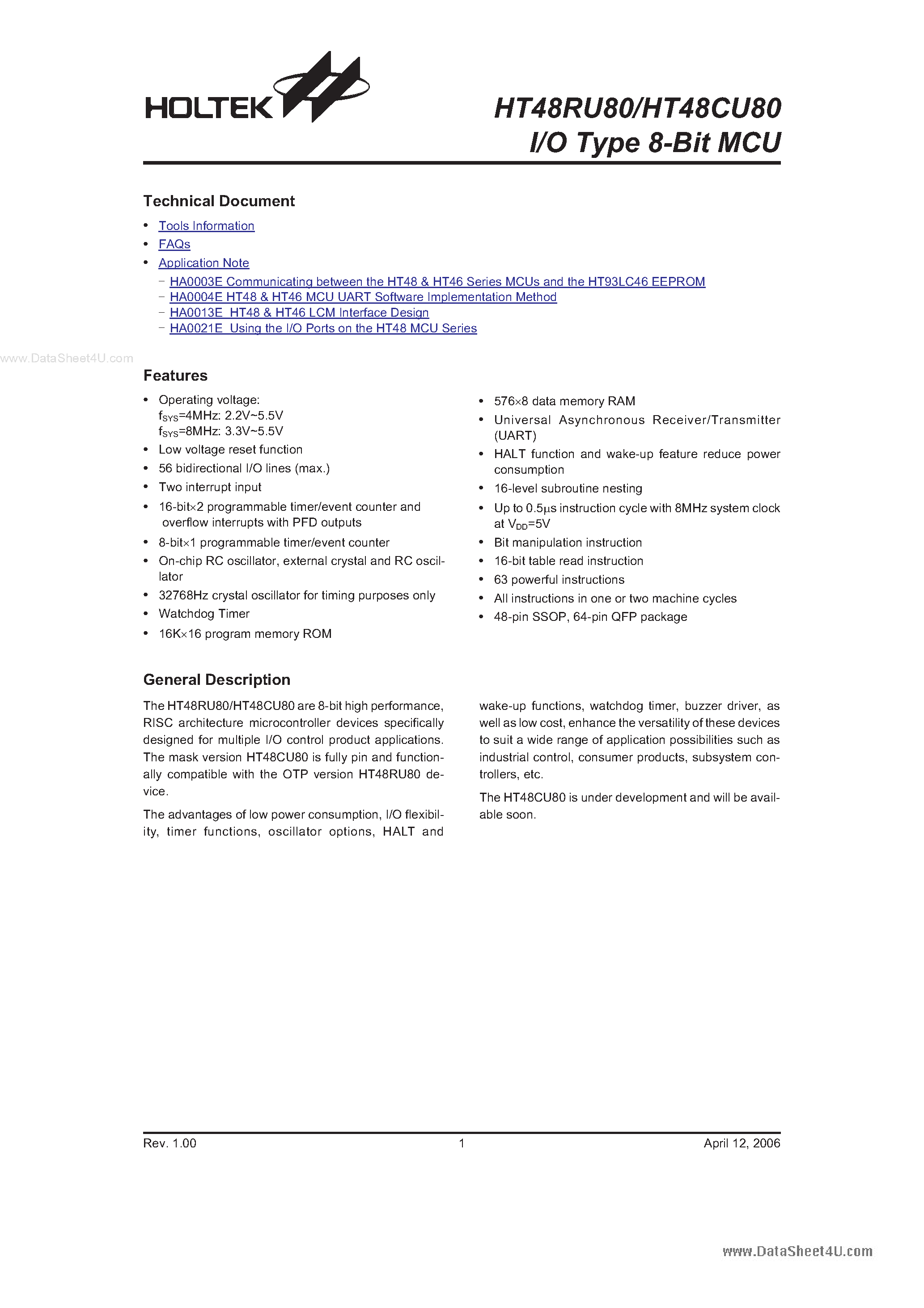 Datasheet HT48CU80 - (HT48RU80 / HT48CU80) I/O Type 8-Bit MCU page 1