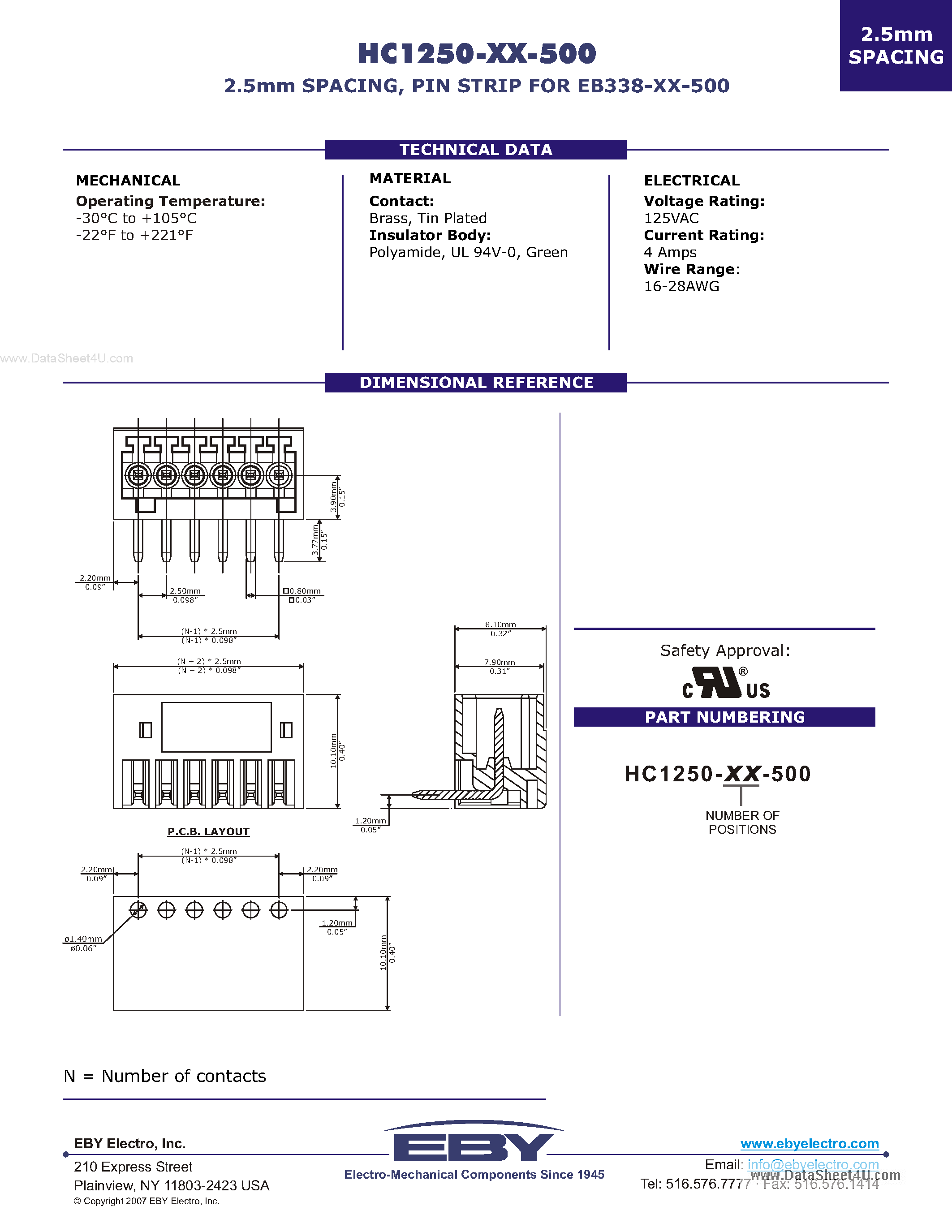 Даташит на микросхему HC1250-XX-500 страница 1 Даташит HC1250-XX-500 - 2.5mm Spacing / Pin Strip страница 1