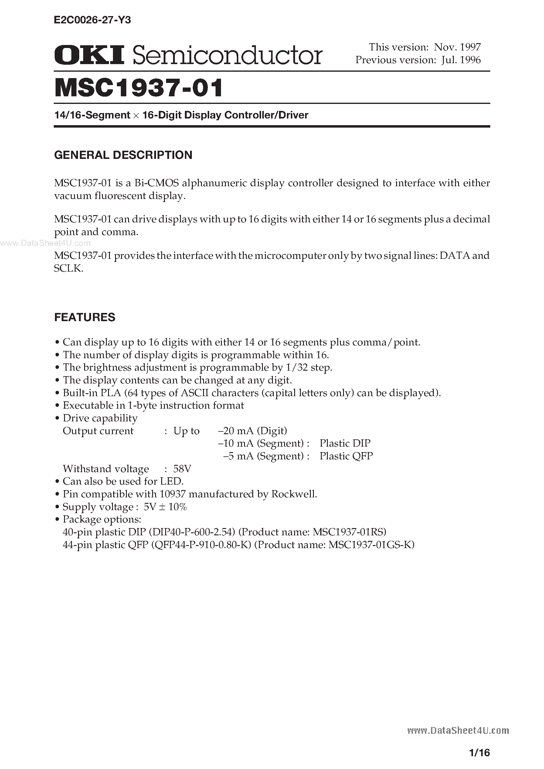 Datasheet MSC1937-01 - 14/16-Segment x 16-Digit Display Controller/Driver page 1