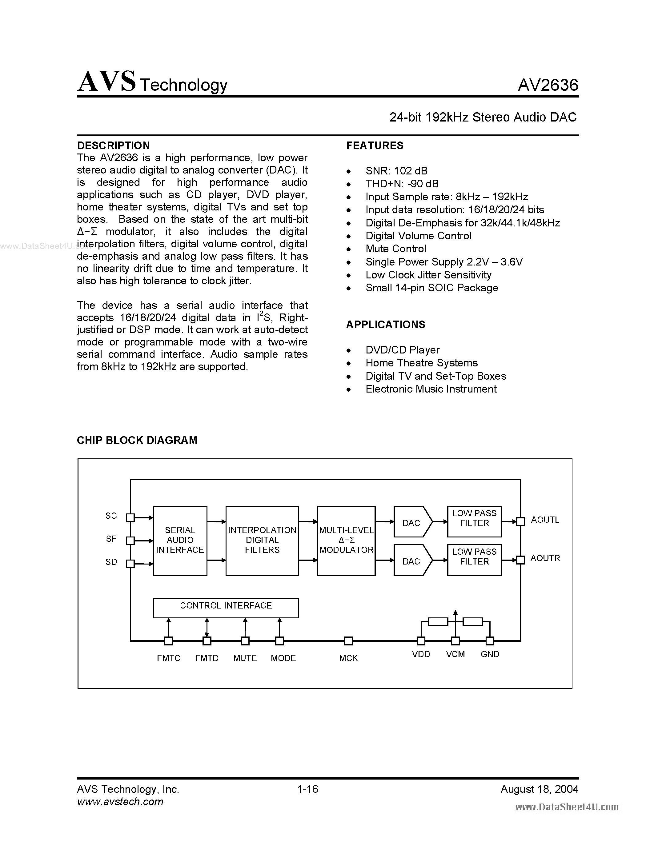 Даташит AV2636 - 24-bit 192kHz Stereo Audio DAC страница 1