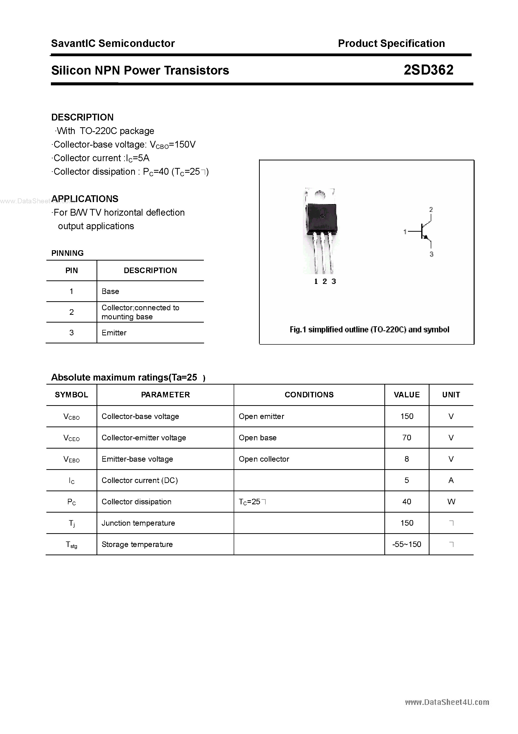 Даташит 2SD362 - Silicon NPN Power Transistors страница 1