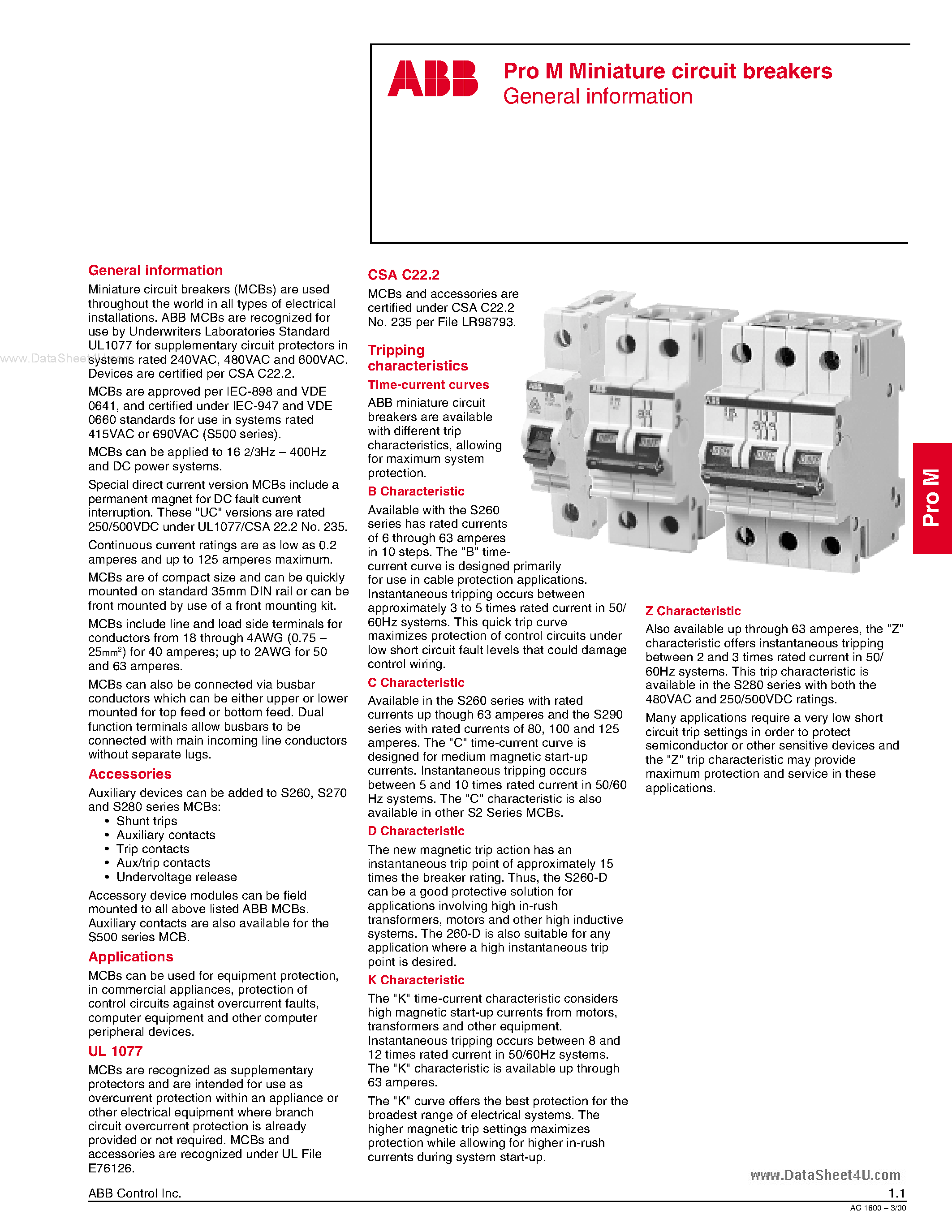 Datasheet S291-C125 - Pro M Miniature Circuit Breakers page 1
