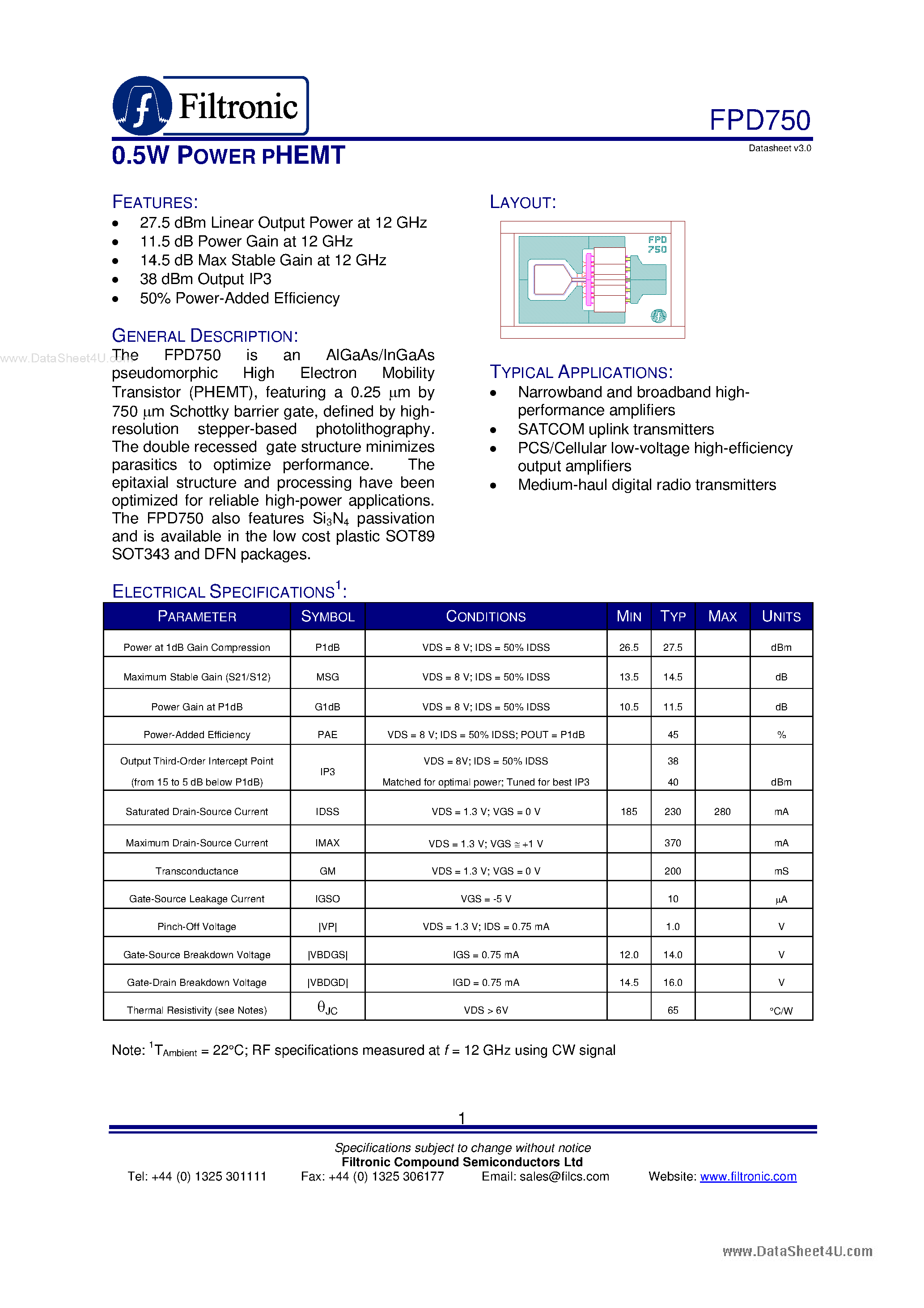 Datasheet FPD750 - 0.5W POWER PHEMT page 1