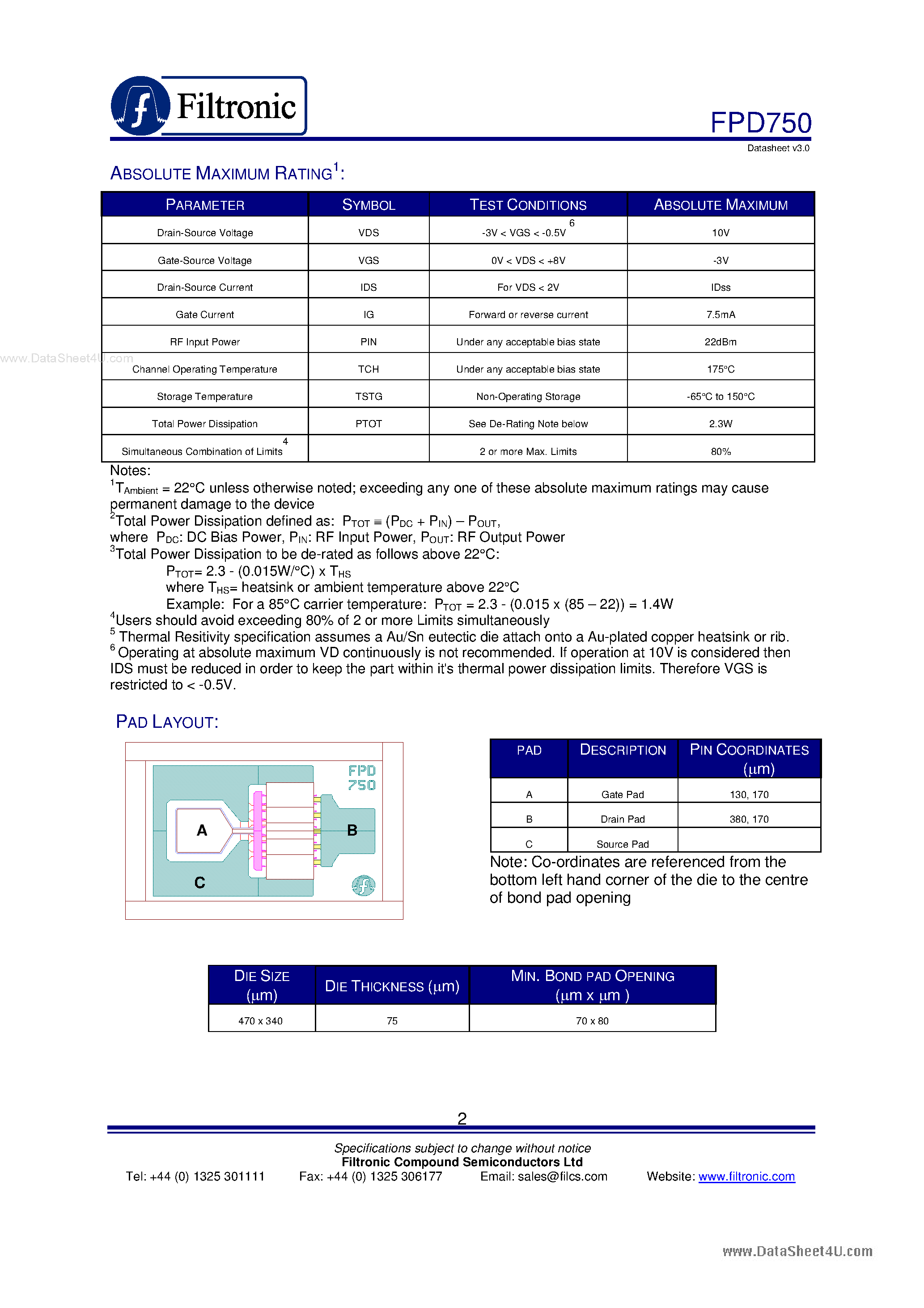 Datasheet FPD750 - 0.5W POWER PHEMT page 2