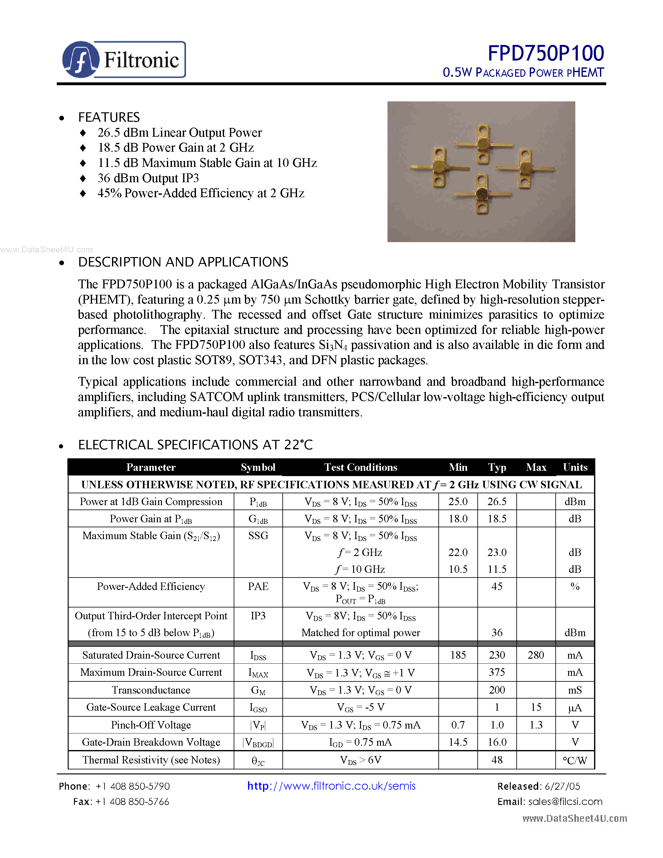 Datasheet FPD750P100 page 1 Datasheet FPD750P100 - 0.5W PACKAGED POWER PHEMT page 1