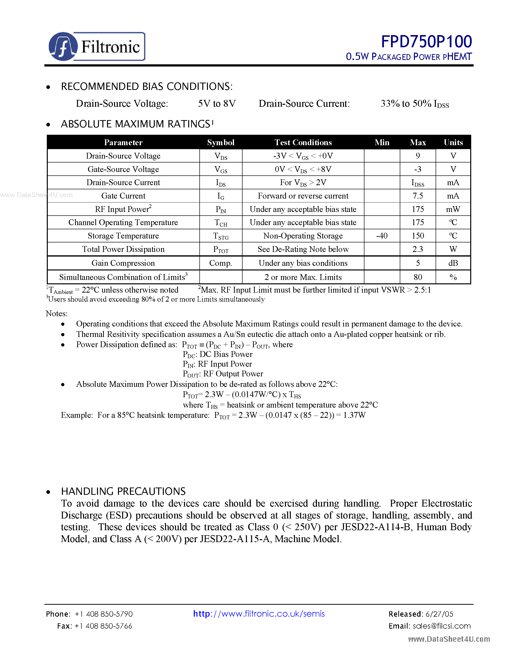 Datasheet FPD750P100 page 2 Datasheet FPD750P100 - 0.5W PACKAGED POWER PHEMT page 2
