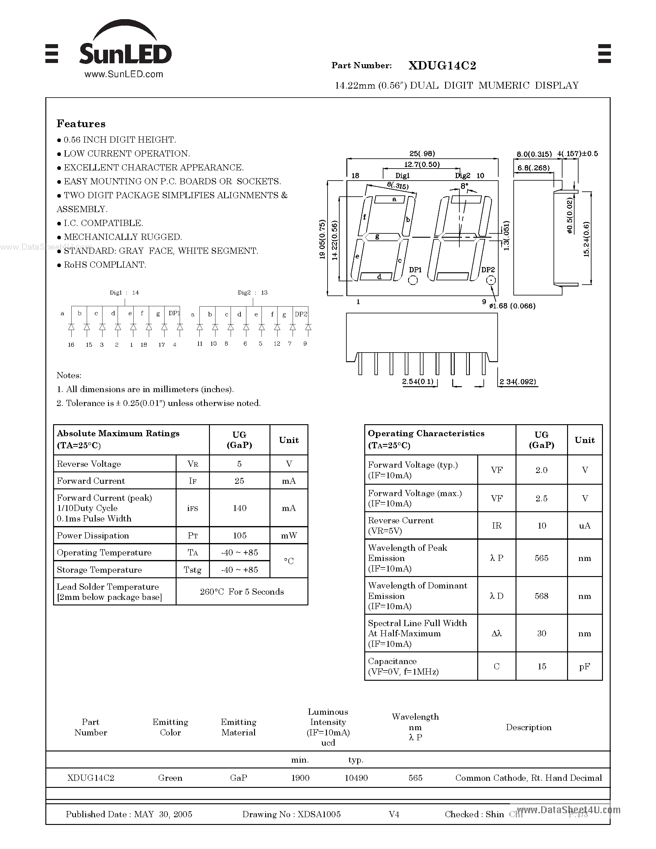 Datasheet XDUG14C2 page 1 Datasheet XDUG14C2 - 14.22mm (0.56) DUAL DIGIT MUMERIC DISPLAY page 1