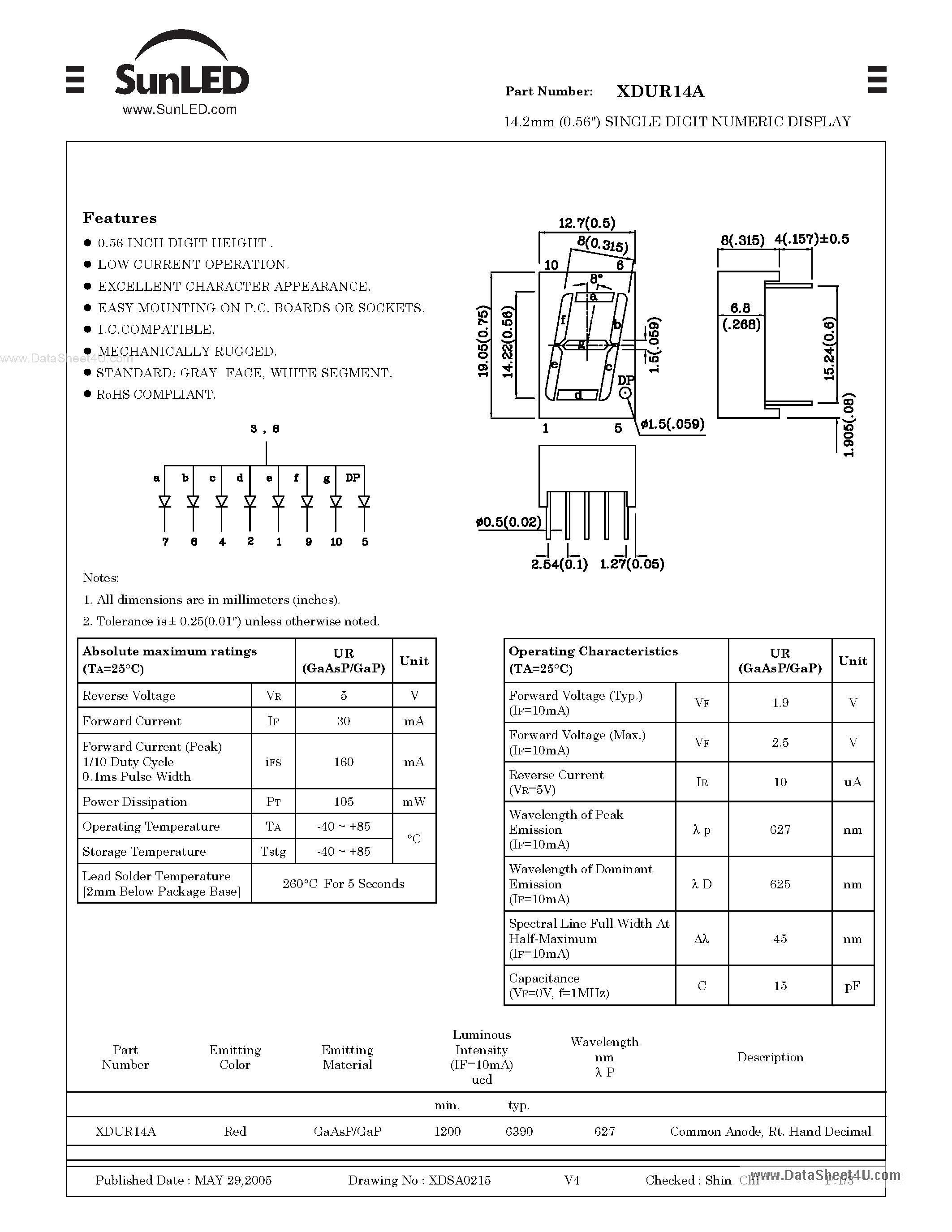 Datasheet XDUR14A - 14.2mm (0.56") SINGLE DIGIT NUMERIC DISPLAY page 1