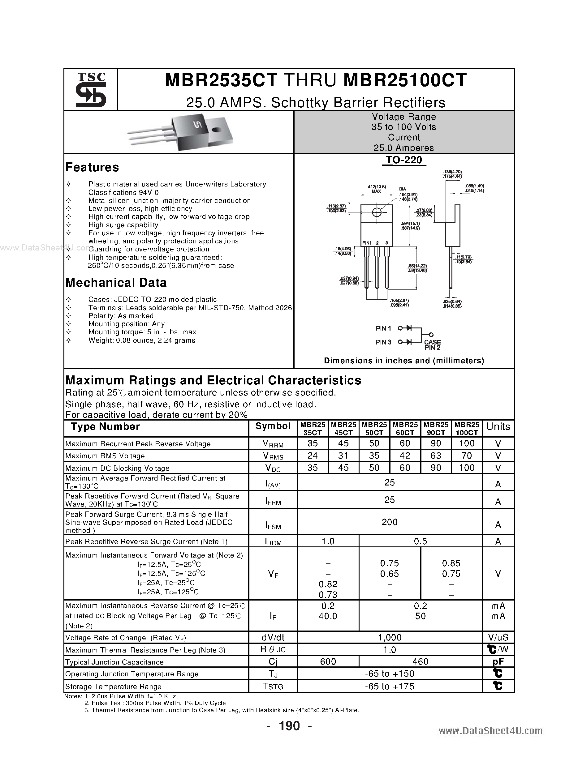 Datasheet MBR25100CT page 1 Datasheet MBR25100CT - (MBR25xxCT) Schottky Barrier Rectifiers page 1