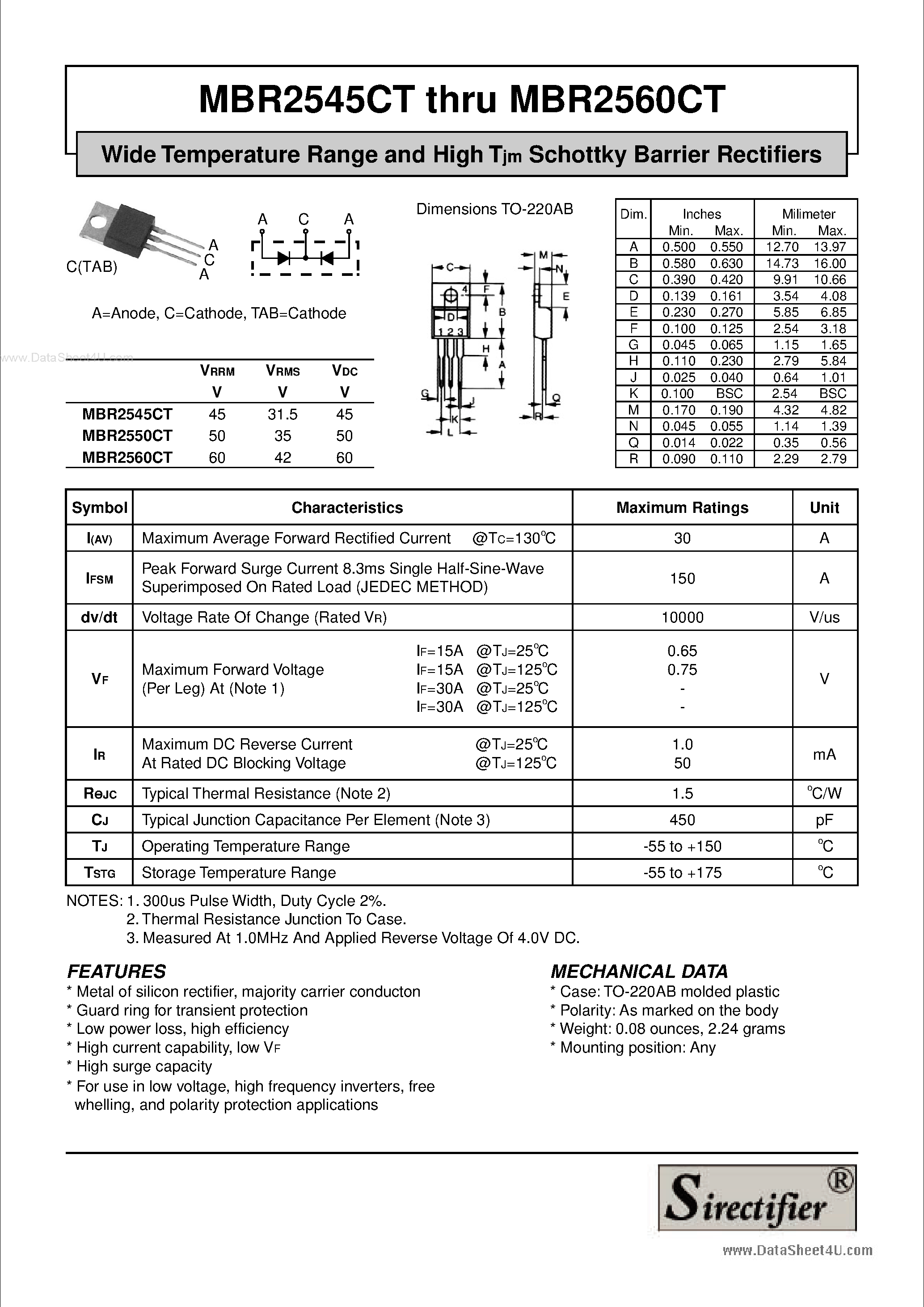 Datasheet MBR2545CT page 1 Datasheet MBR2545CT - (MBR25xxCT) Wide Temperature Range and High Tjm Schottky Barrier Rectifiers page 1