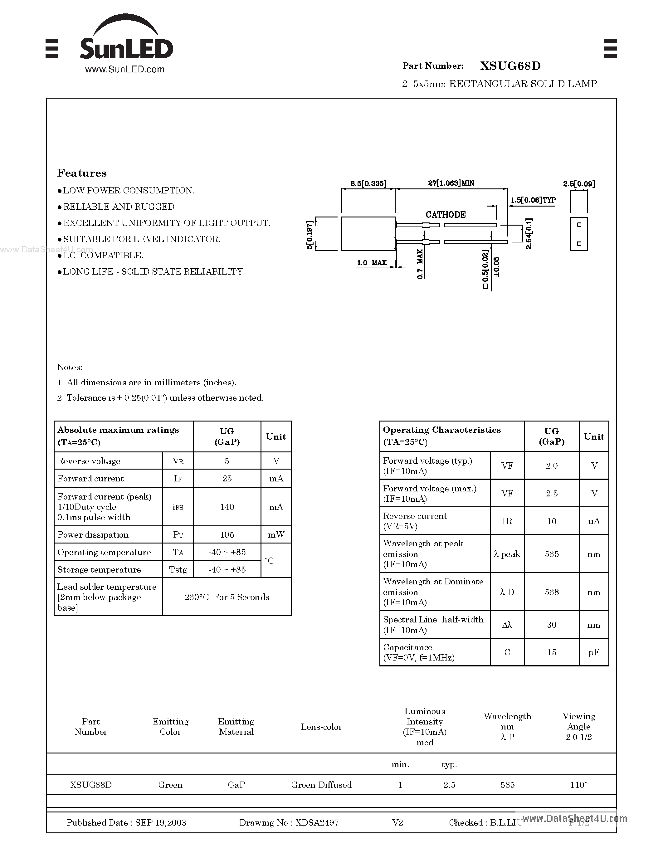 Даташит XSUG68D - 5x5mm RECTANGULAR SOLI D LAMP страница 1