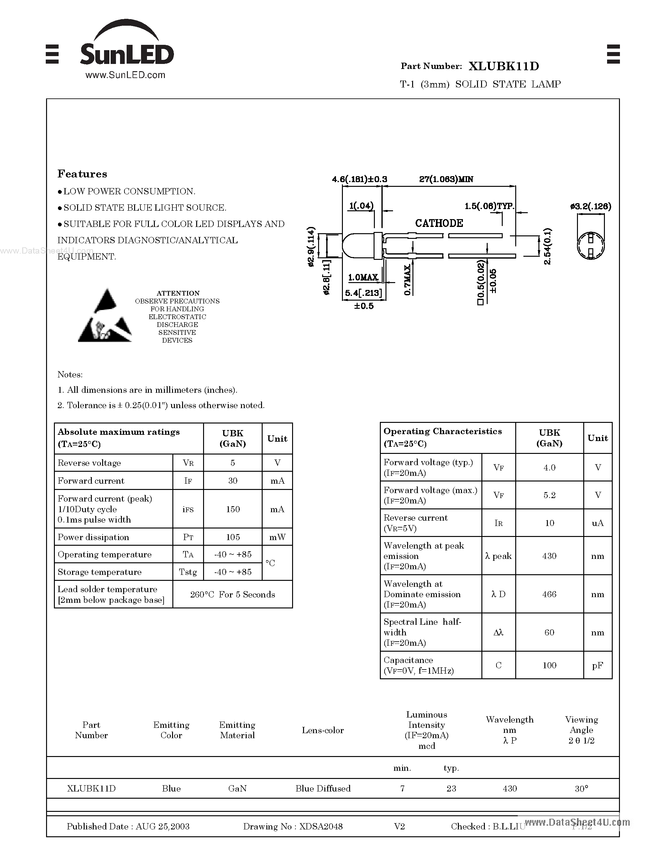 Datasheet XLUBK11D page 1 Datasheet XLUBK11D - T-1 (3mm) SOLID STATE LAMP page 1