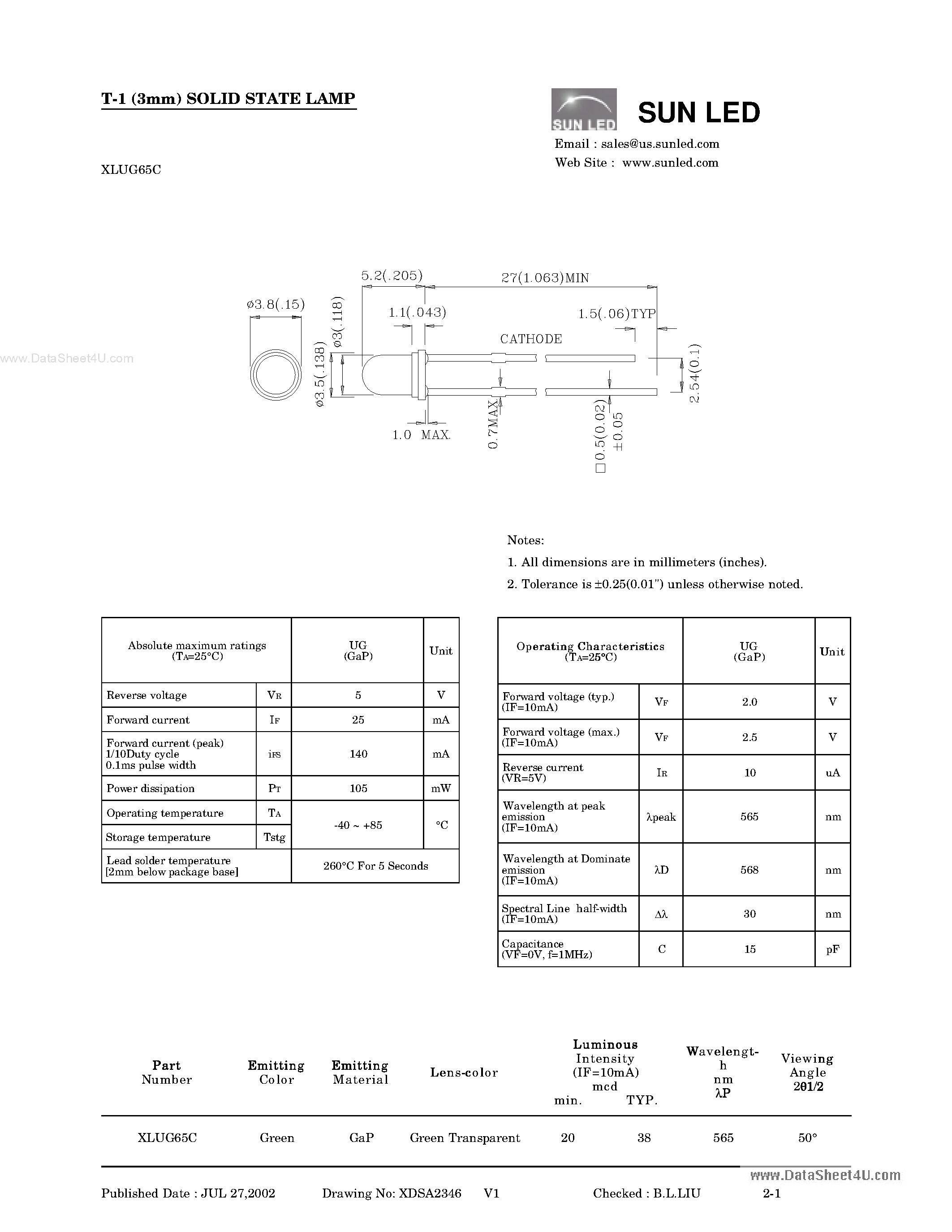 Datasheet XLUG65C page 1 Datasheet XLUG65C - T-1 (3mm) SOLID STATE LAMP page 1