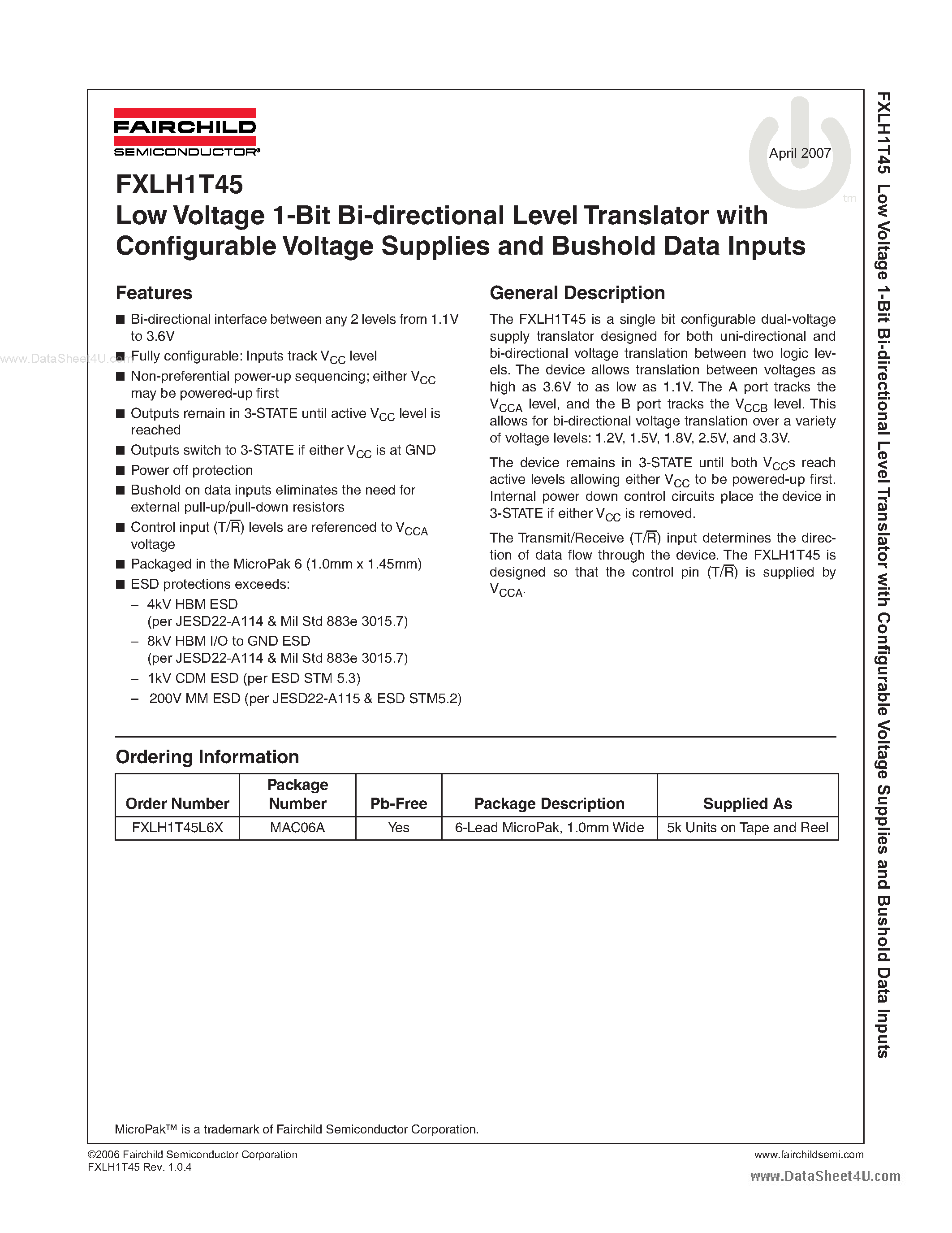 Даташит на микросхему FXLH1T45 страница 1 Даташит FXLH1T45 - Low Voltage 1-Bit Bi-directional Level Translator страница 1
