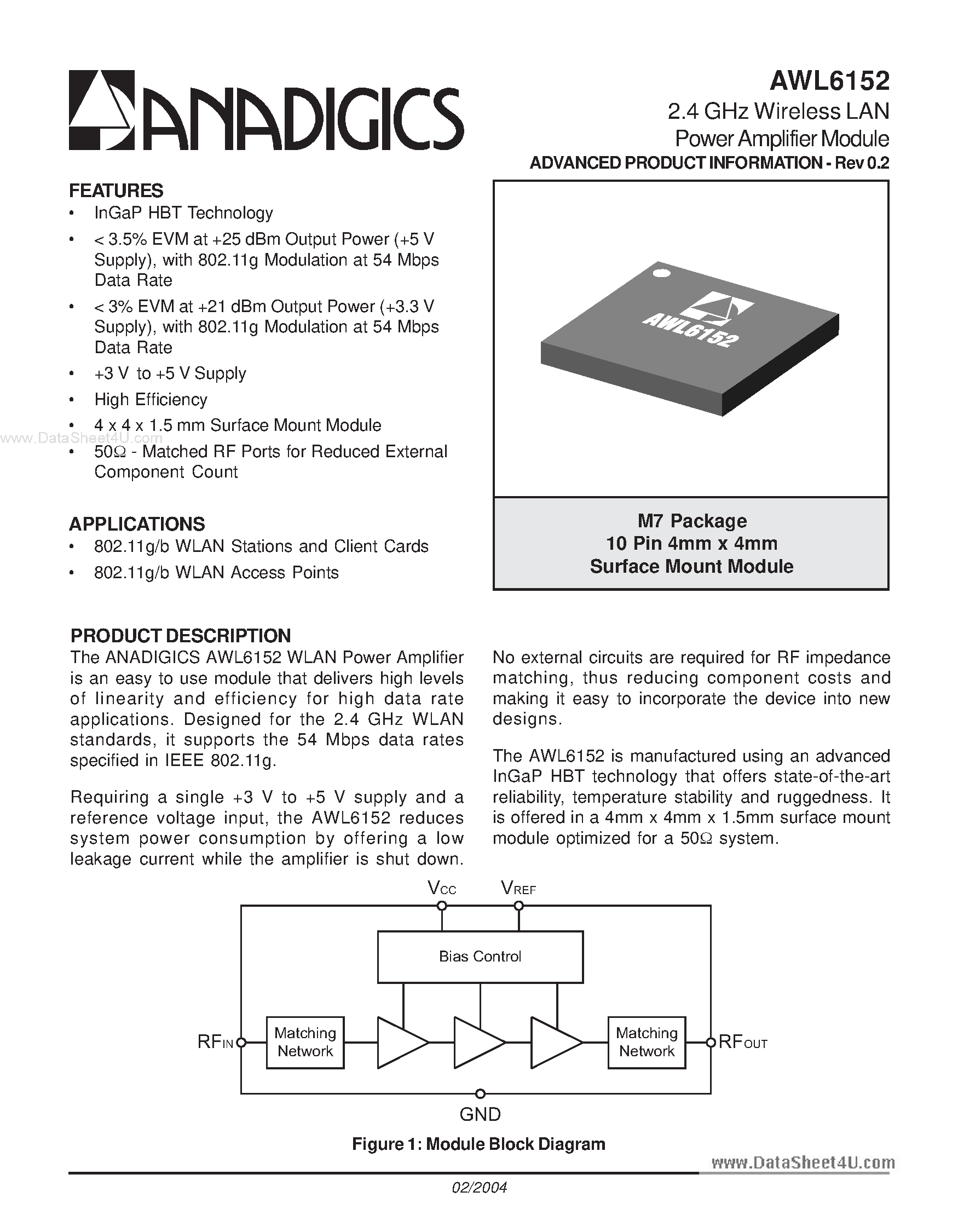 Datasheet AWL6152 - 2.4 GHz Wireless LAN Power Amplifier Module page 1