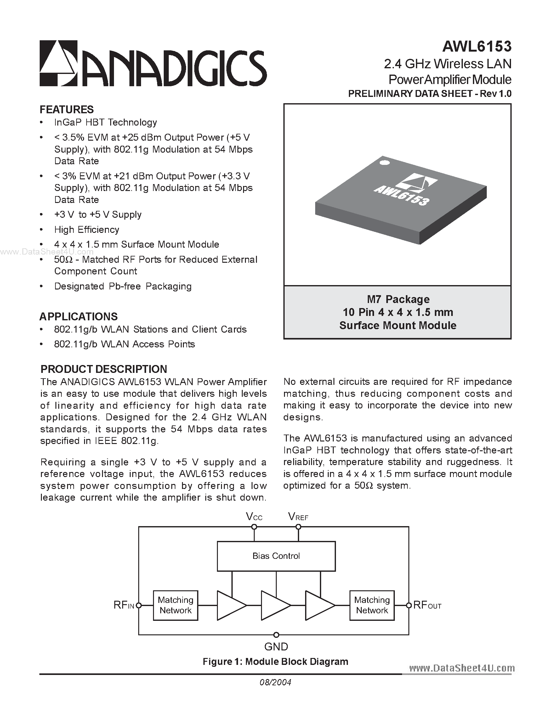 Datasheet AWL6153 - 2.4 GHz Wireless LAN Power Amplifier Module page 1