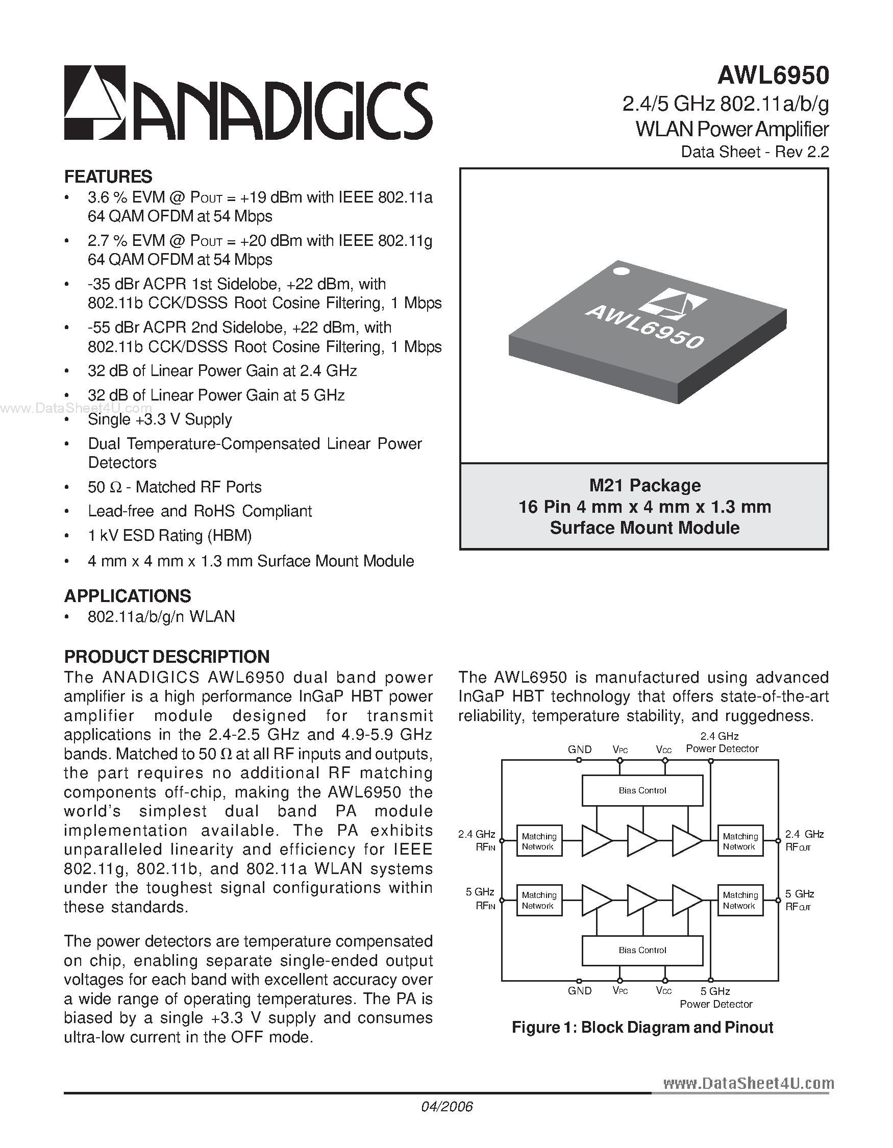 Datasheet AWL6950 page 1 Datasheet AWL6950 - 2.4/5 GHz 802.11a/b/g WLAN Power Amplifier page 1