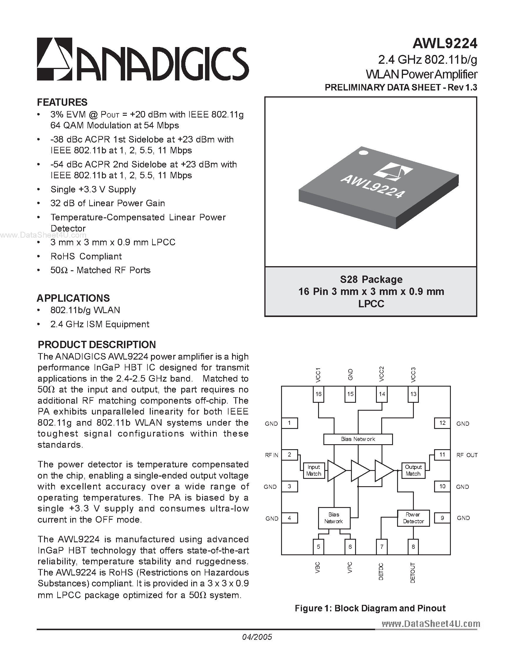 Datasheet AWL9224 page 1 Datasheet AWL9224 - 2.4 GHz 802.11b/g WLAN Power Amplifier page 1