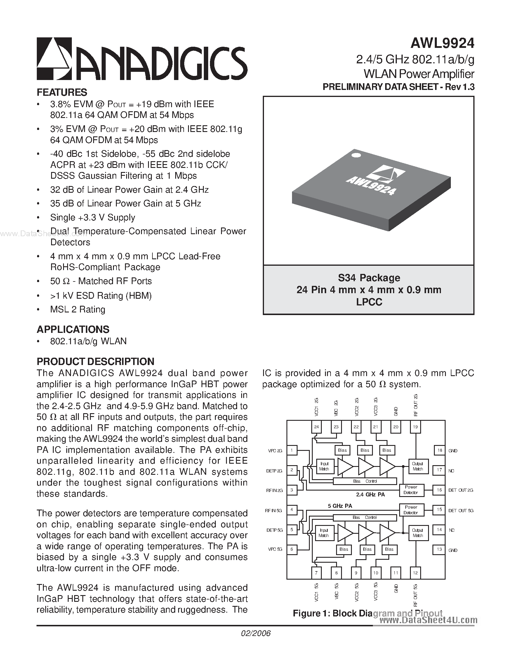 Datasheet AWL9924 page 1 Datasheet AWL9924 - 2.4/5 GHz 802.11a/b/g WLAN Power Amplifier page 1