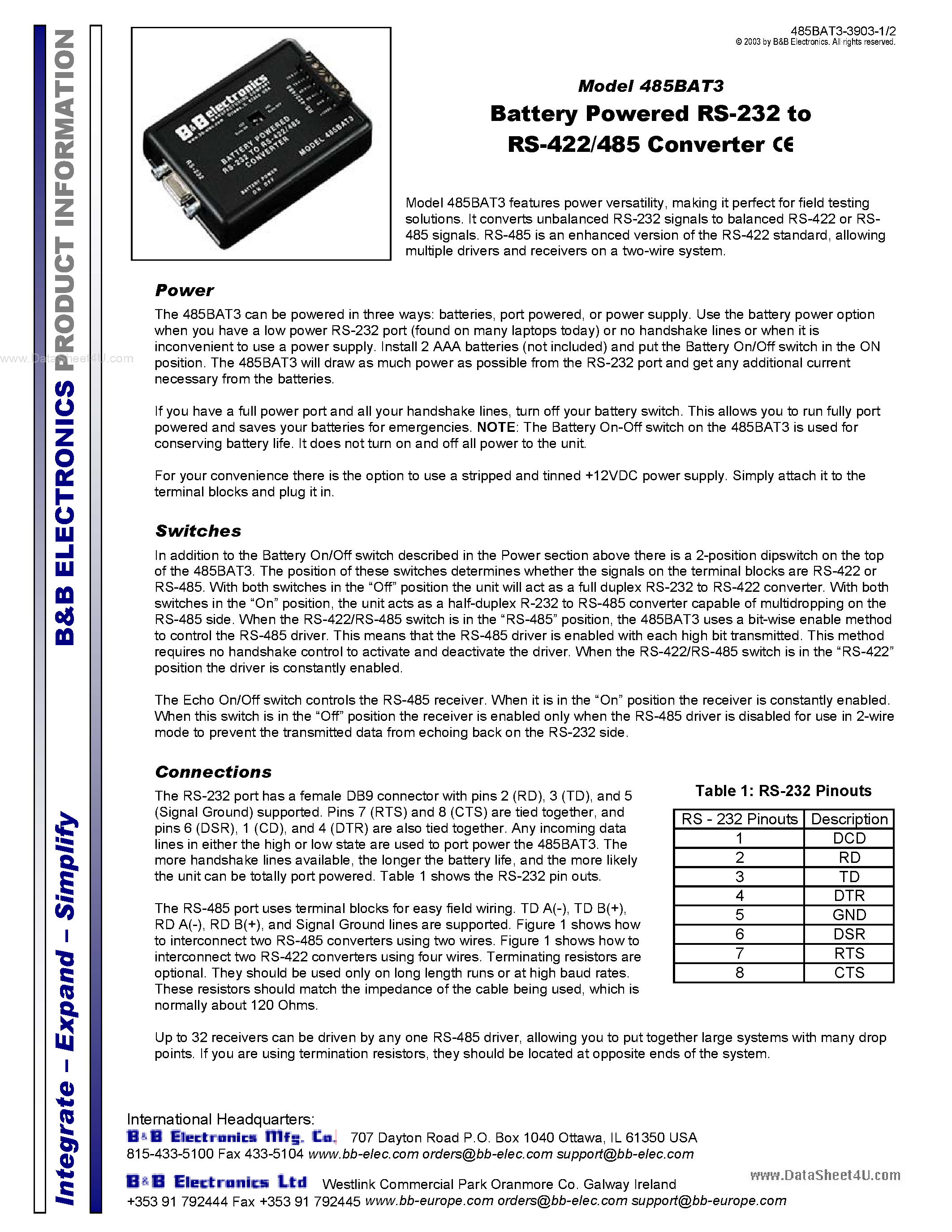 Datasheet RS-232 - Battery Powered Converter CE page 1