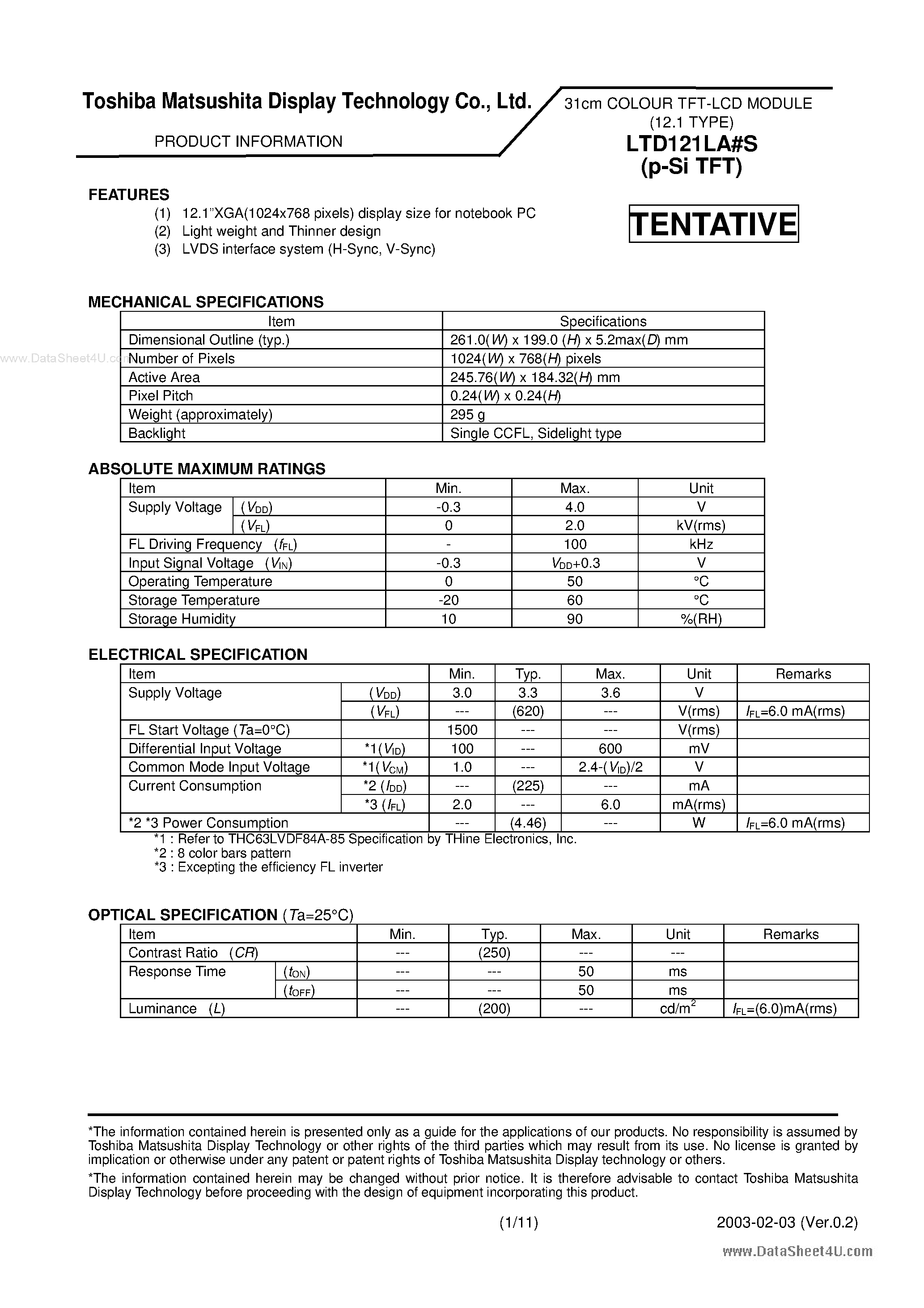 Datasheet LTD121LA#S - LCD Module page 1