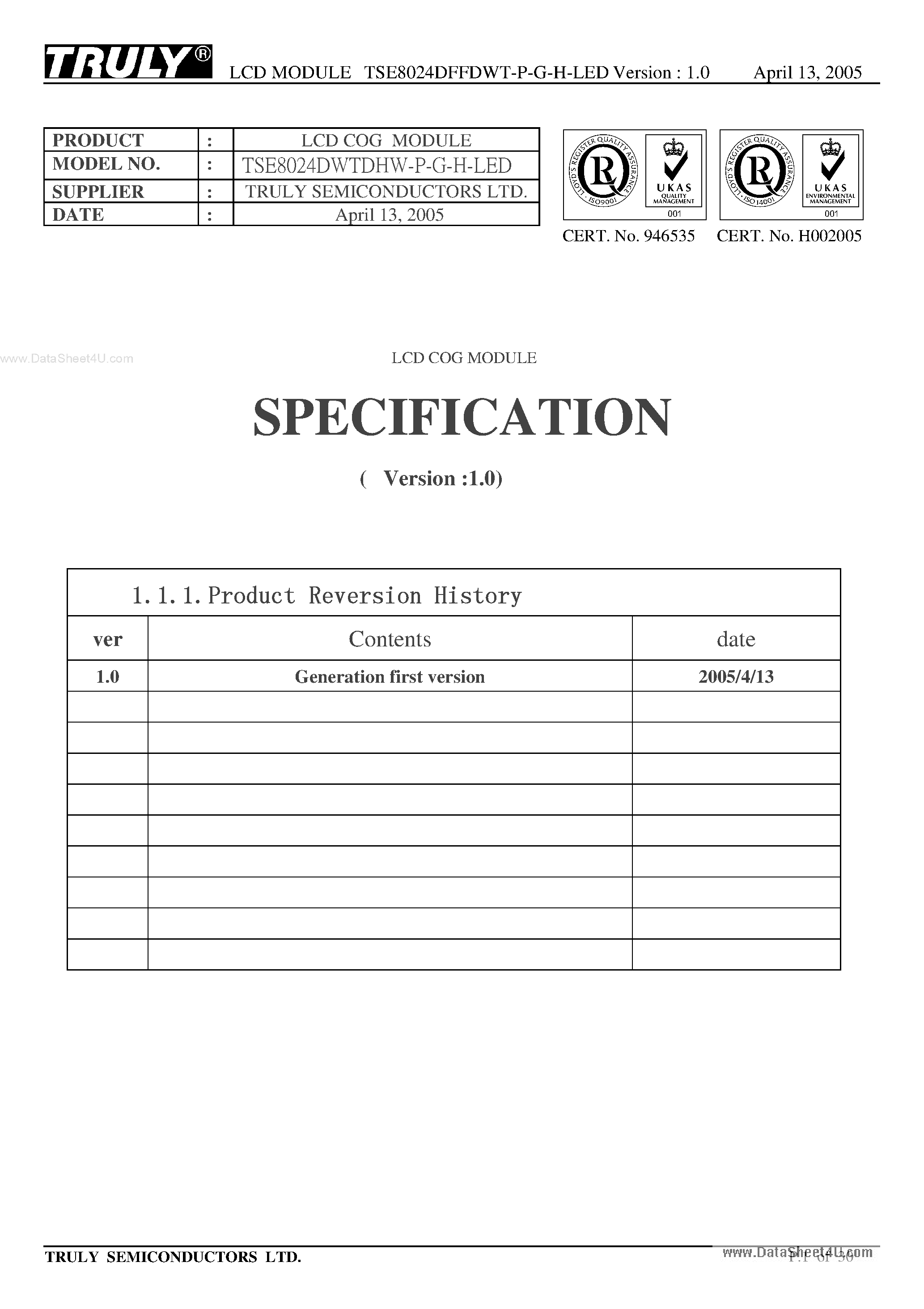 Datasheet TSE8024DFFDWT-P-G-H-LED page 1 Datasheet TSE8024DFFDWT-P-G-H-LED - LCD Module page 1
