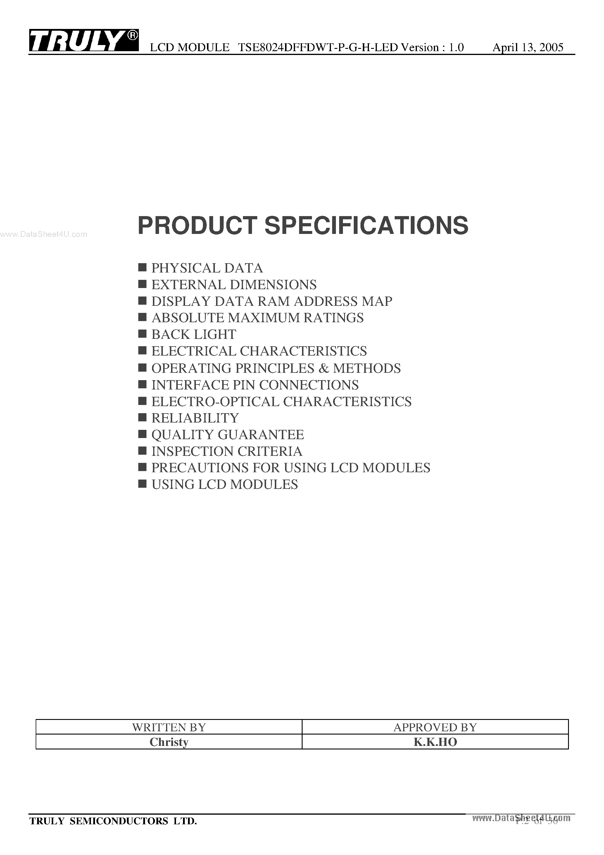 Datasheet TSE8024DFFDWT-P-G-H-LED page 2 Datasheet TSE8024DFFDWT-P-G-H-LED - LCD Module page 2