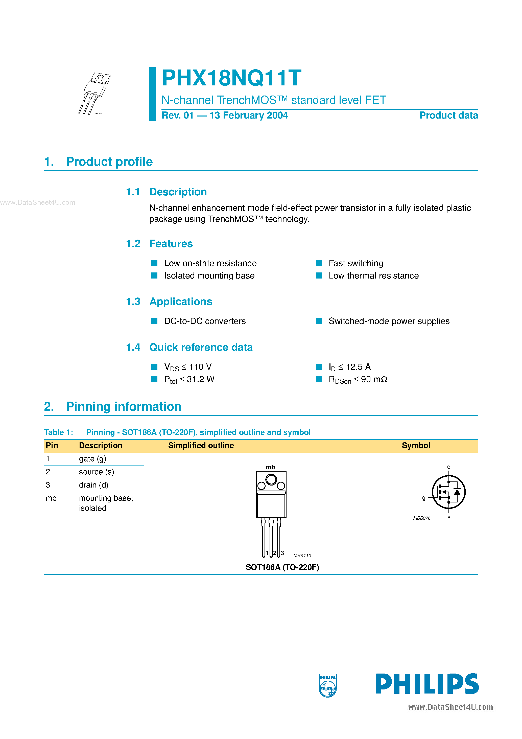 Datasheet PHX18NQ11T - N-channel TrenchMOS standard level FET page 1