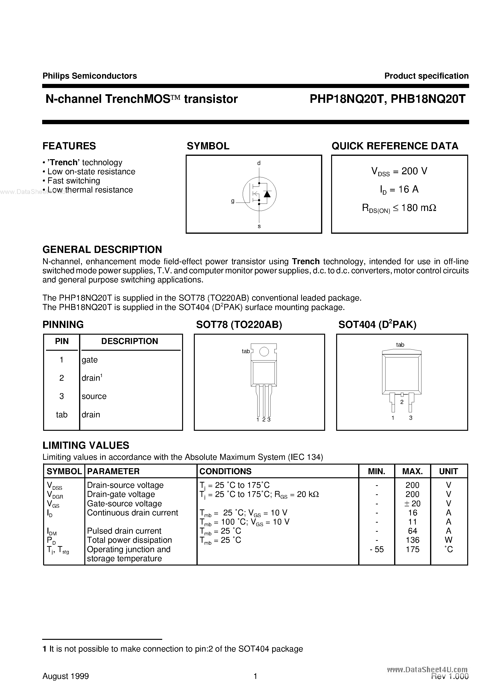 Datasheet PHB18NQ20T - N-channel TrenchMOS transistor page 1