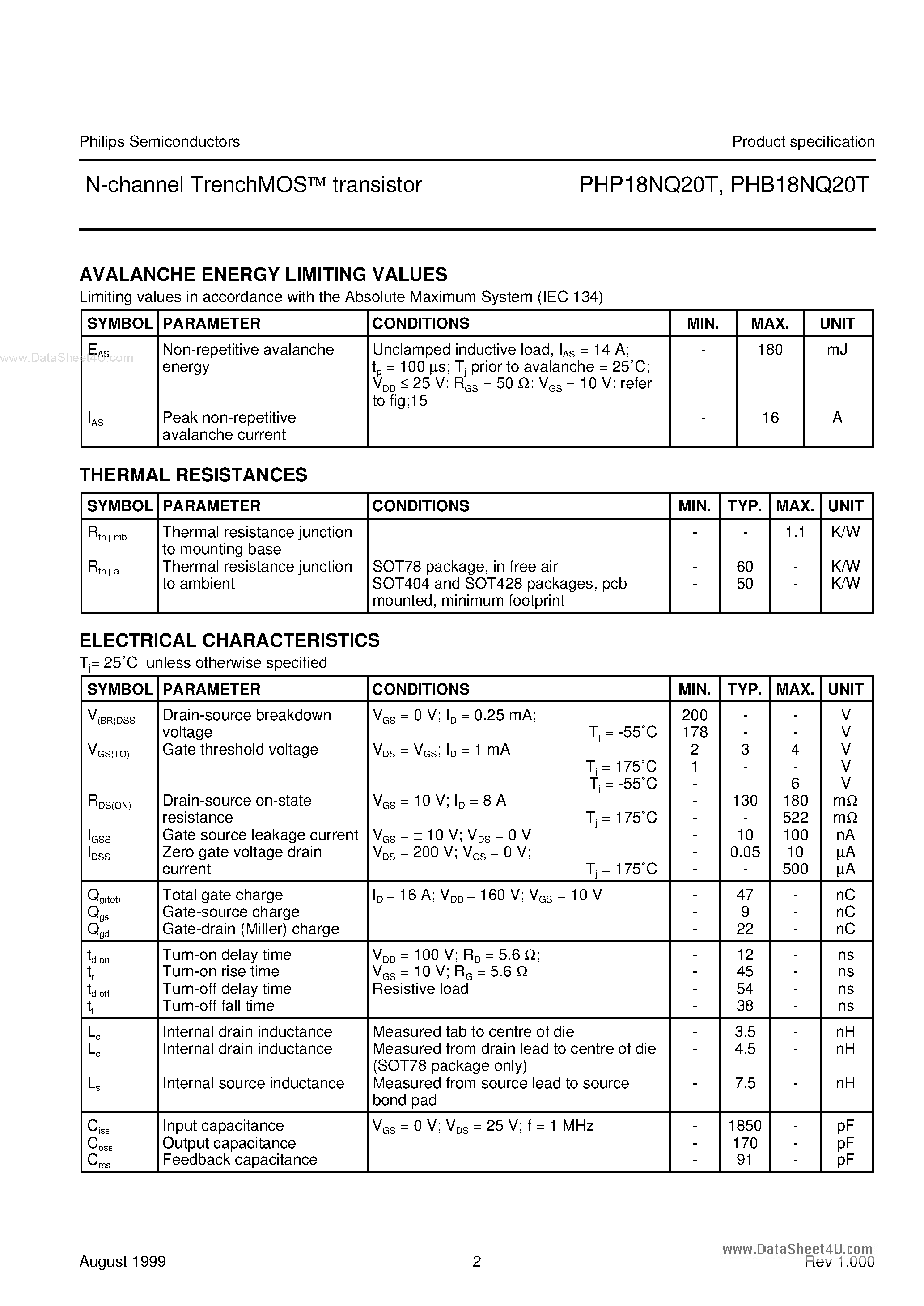 Datasheet PHB18NQ20T - N-channel TrenchMOS transistor page 2