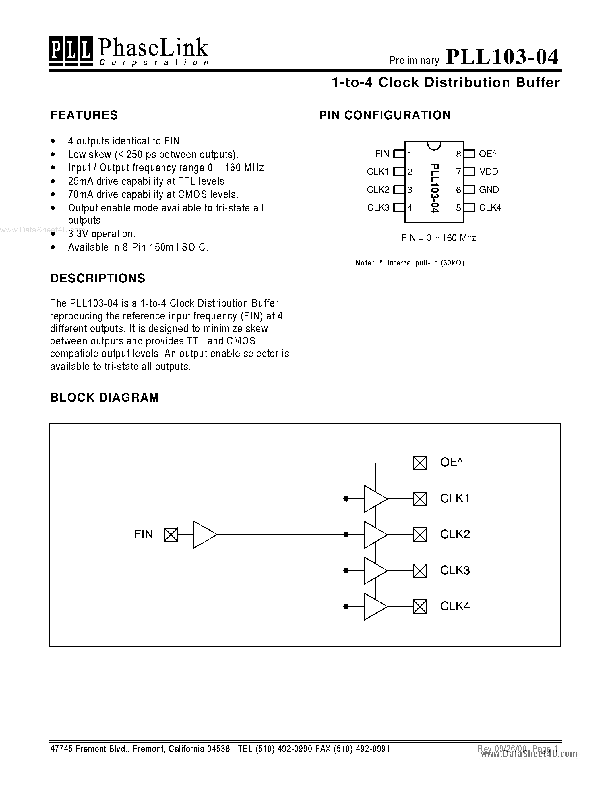 Даташит PLL103-04 - 1-to-4 Clock Distribution Buffer страница 1