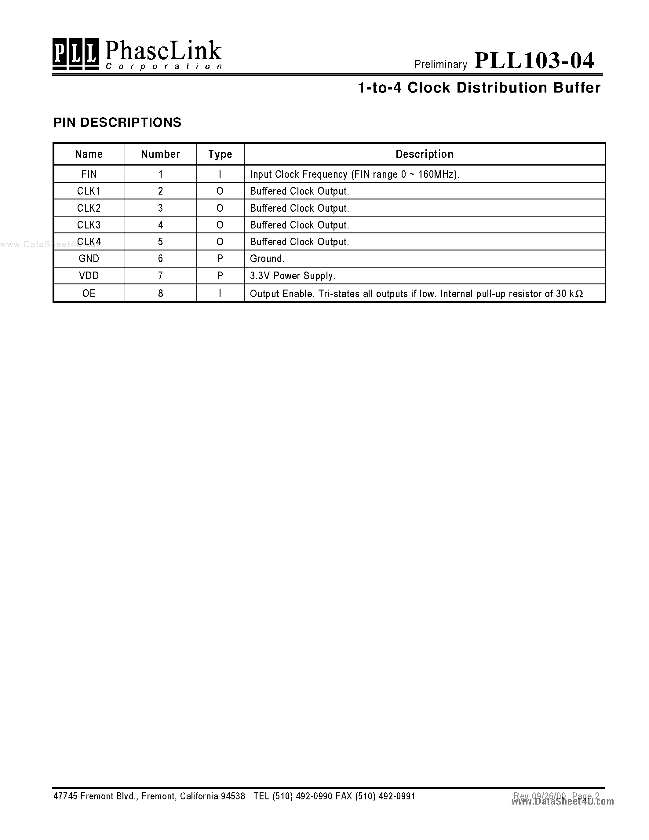 Даташит PLL103-04 - 1-to-4 Clock Distribution Buffer страница 2