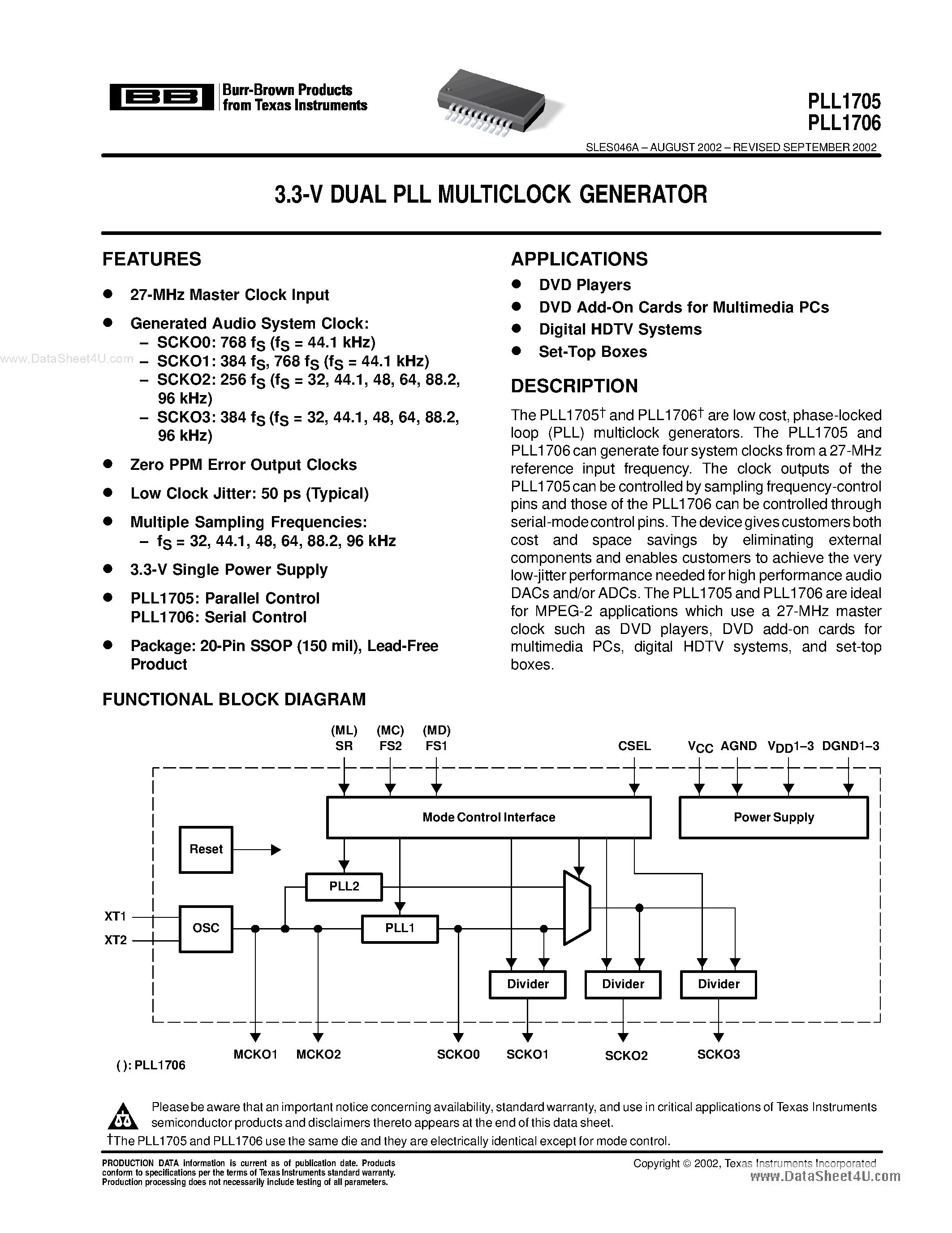 Datasheet PLL1705 - (PLL1705 / PLL1706) 3.3-V DUAL PLL MULTICLOCK GENERATOR page 1
