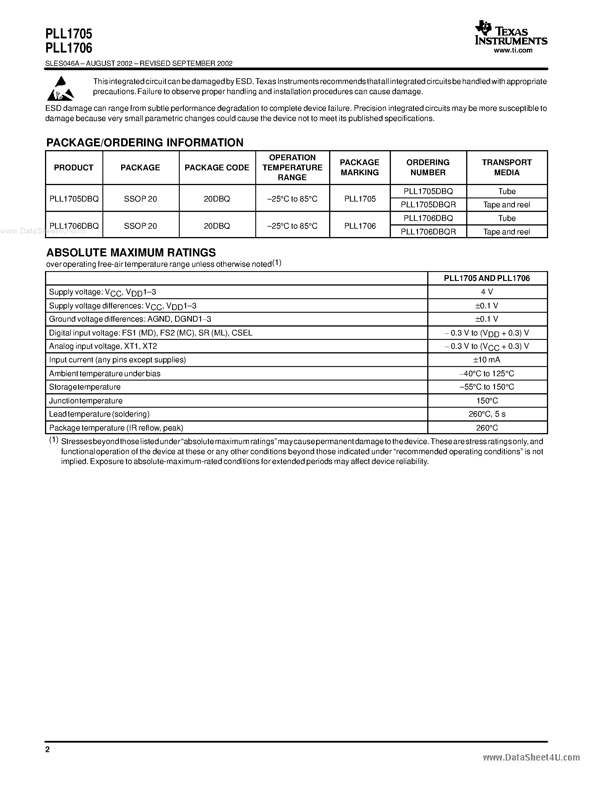 Datasheet PLL1705 - (PLL1705 / PLL1706) 3.3-V DUAL PLL MULTICLOCK GENERATOR page 2