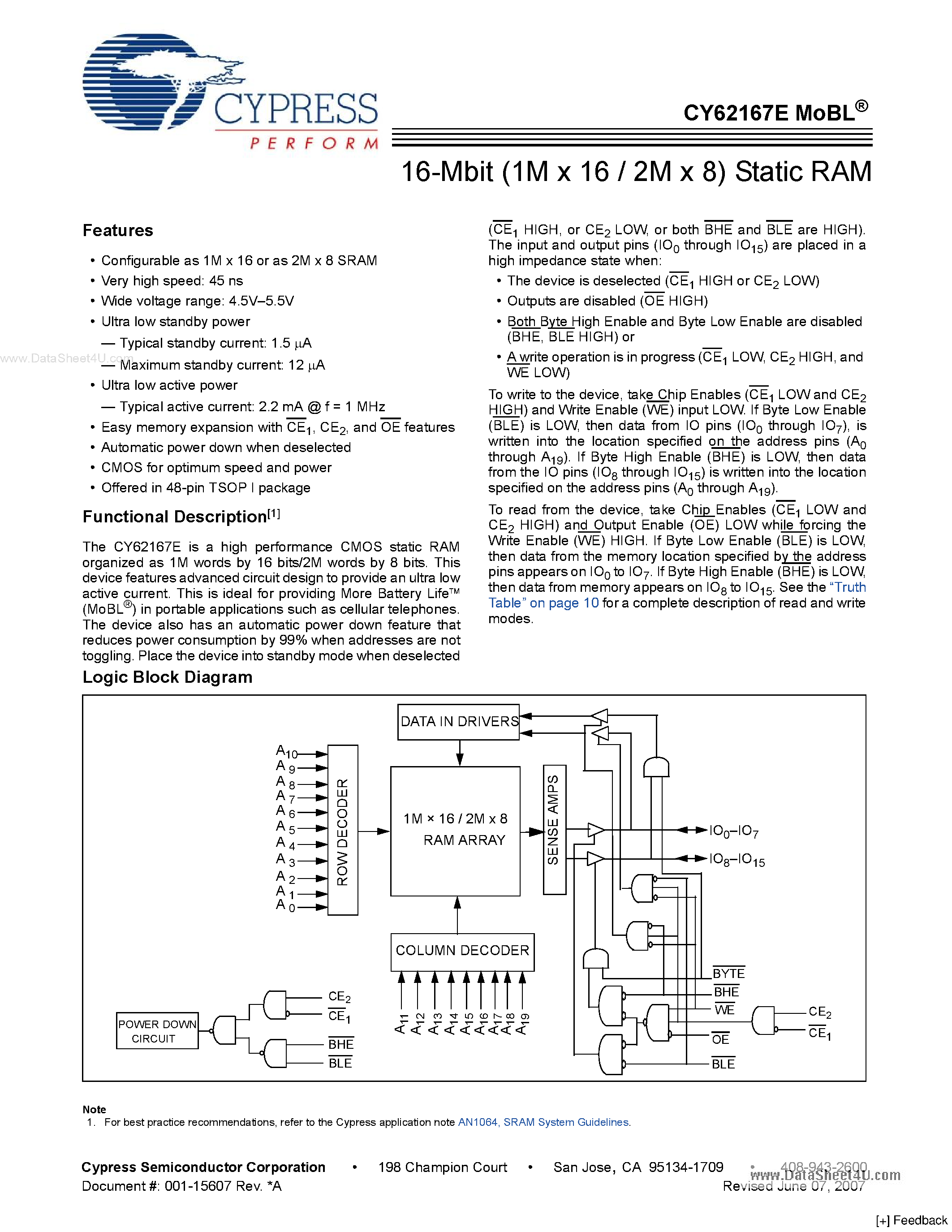Datasheet CY62167E - 16-Mbit (1M x 16 / 2M x 8) Static RAM page 1
