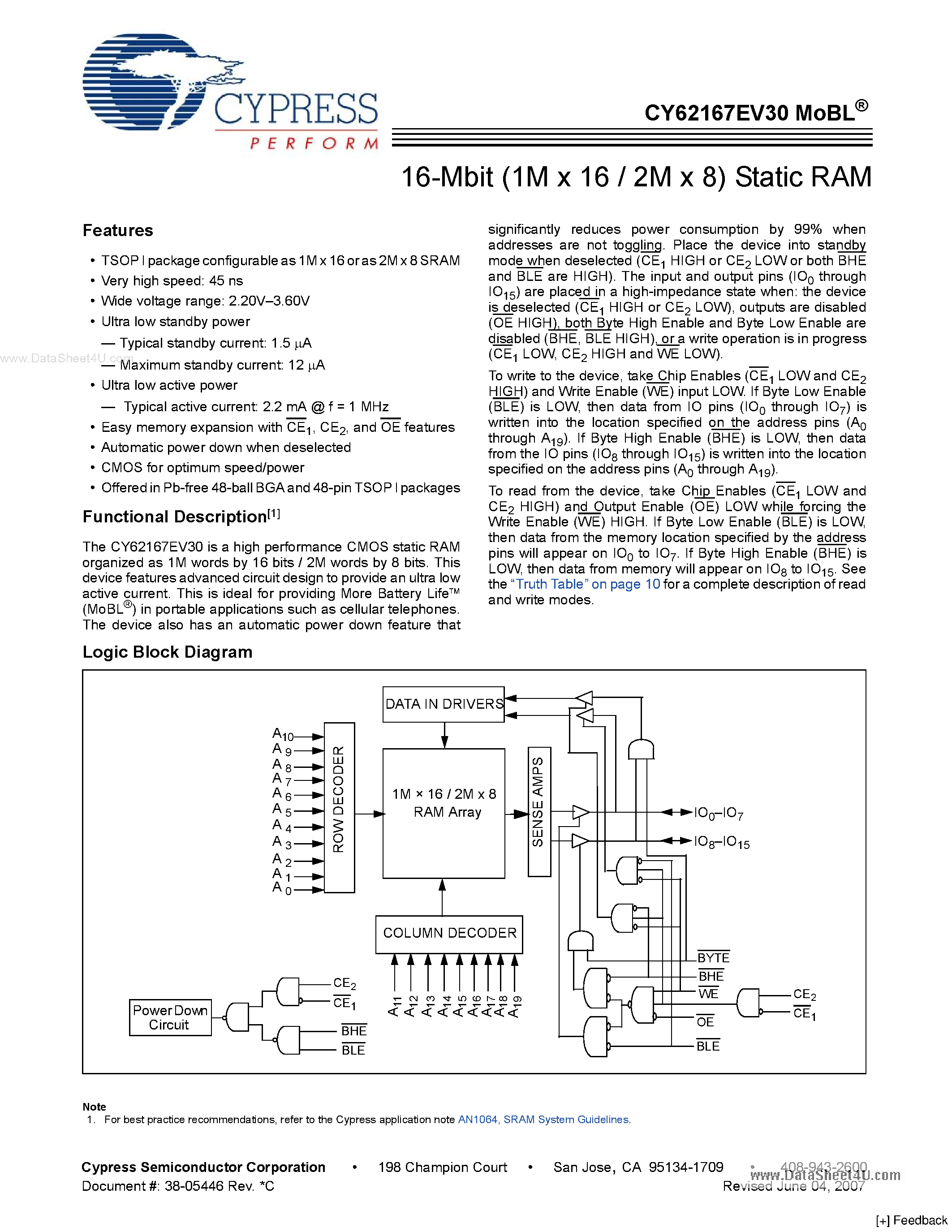 Datasheet CY62167EV30 - 16-Mbit (1M x 16 / 2M x 8) Static RAM page 1