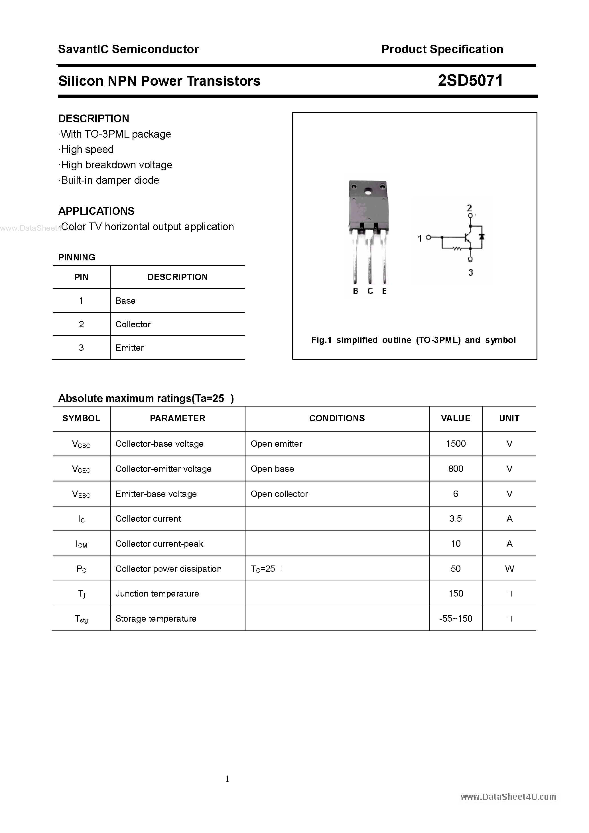 Даташит 2SD5071 - Silicon NPN Power Transistors страница 1