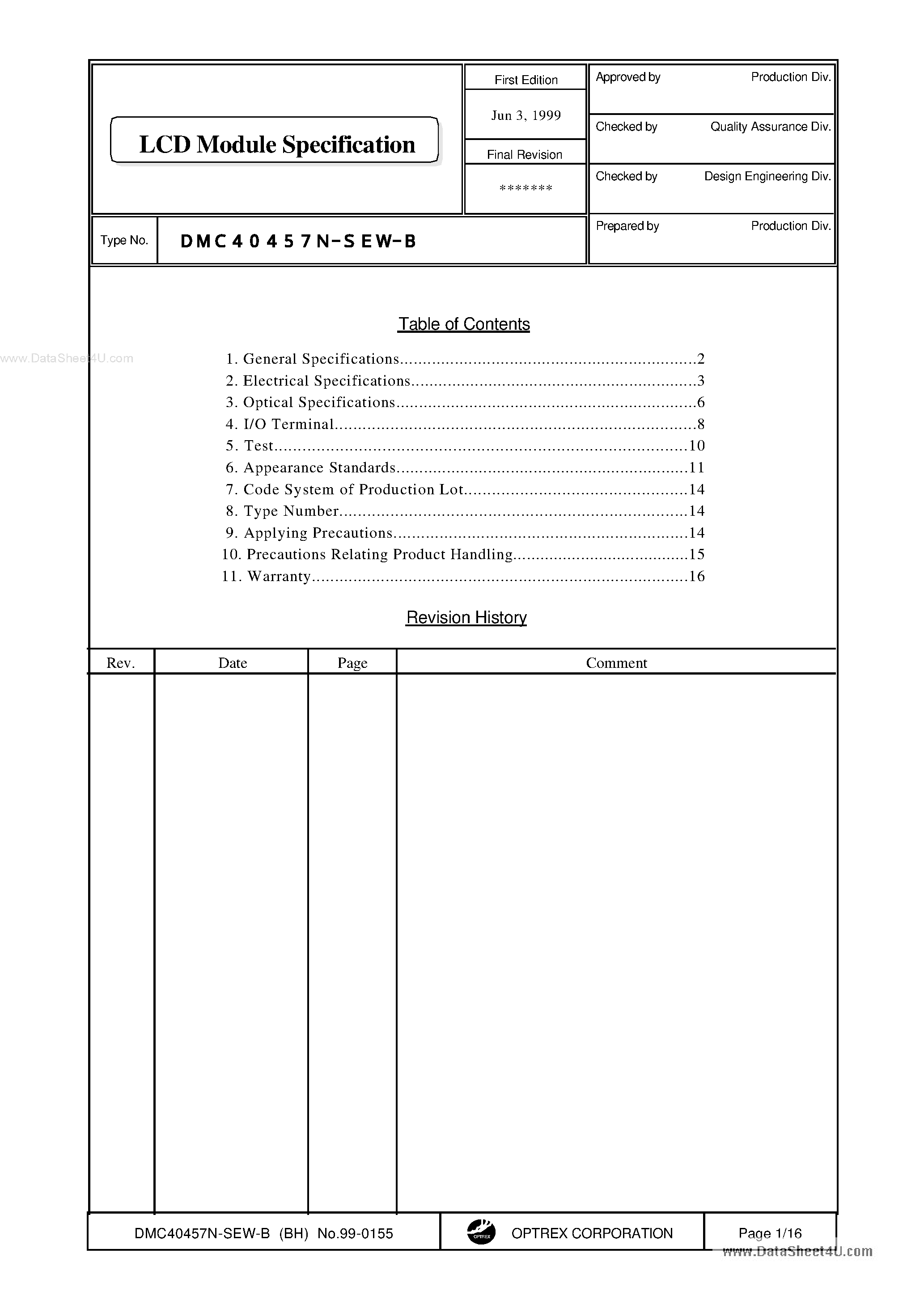 Datasheet DMC40457N-SEW-B page 1 Datasheet DMC40457N-SEW-B - LCD Module page 1