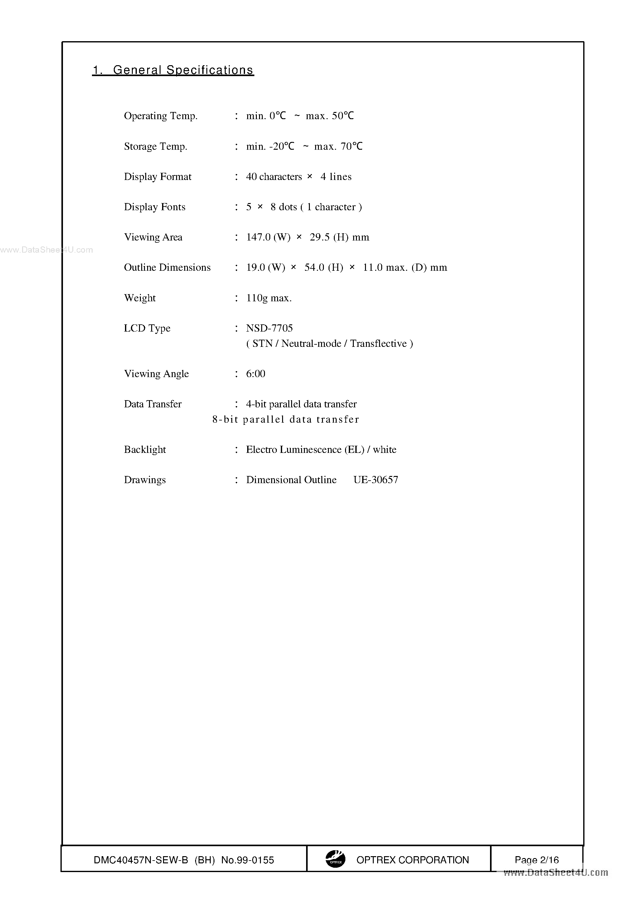 Datasheet DMC40457N-SEW-B page 2 Datasheet DMC40457N-SEW-B - LCD Module page 2