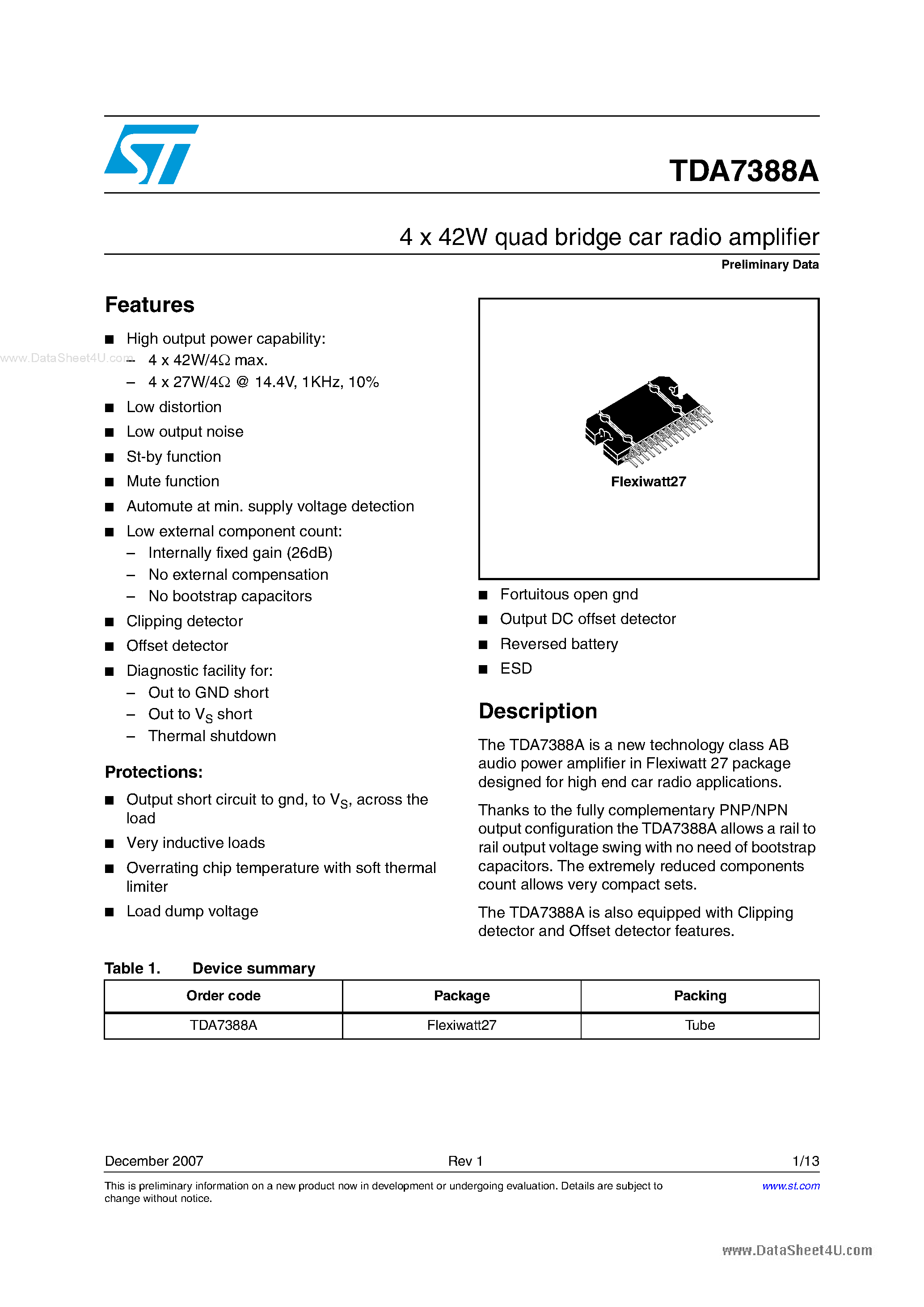 Datasheet TDA7388A page 1 Datasheet TDA7388A - 4 x 42W quad bridge car radio amplifier page 1
