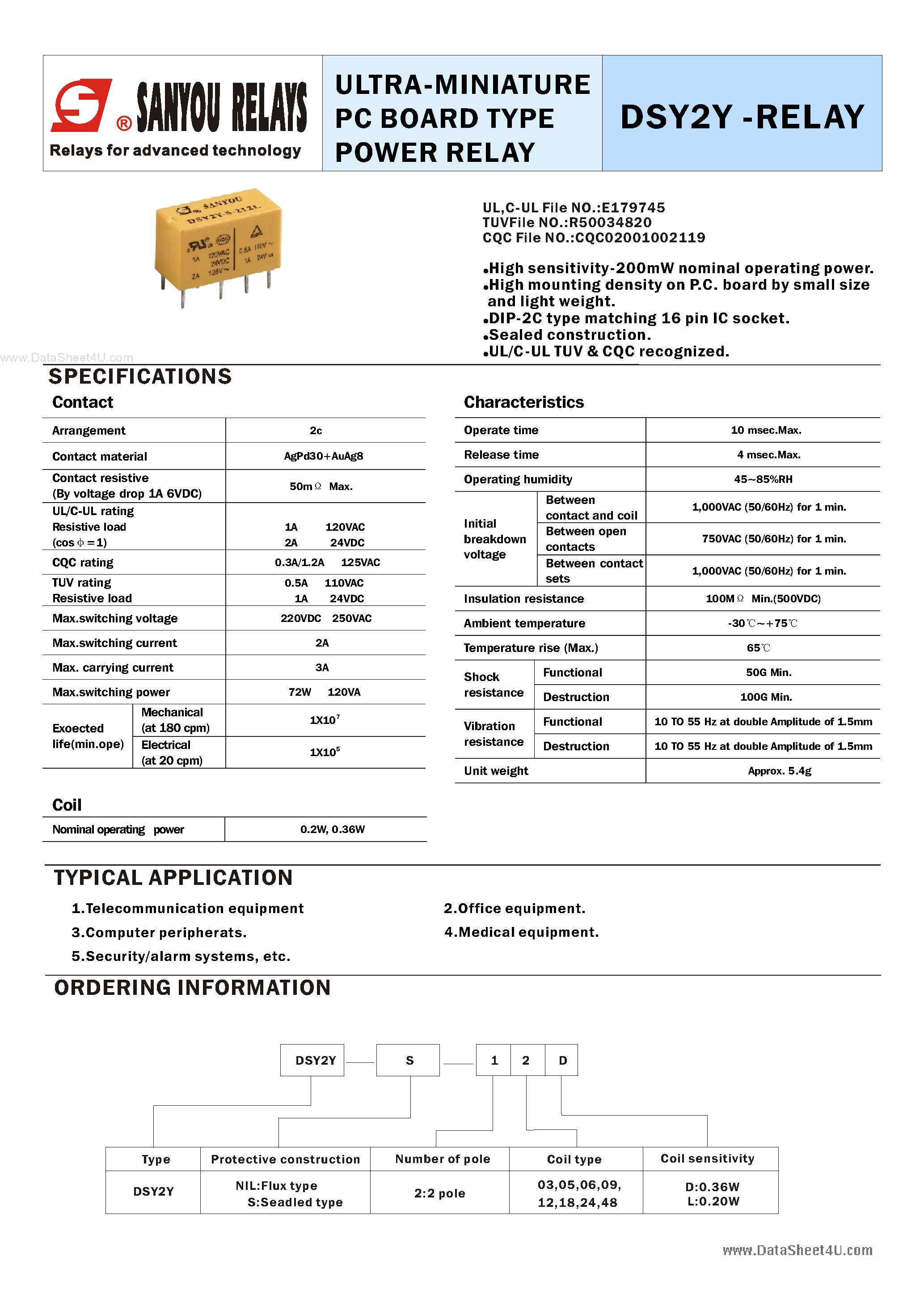 Даташит на микросхему DSY2Y страница 1 Даташит DSY2Y - Relay страница 1