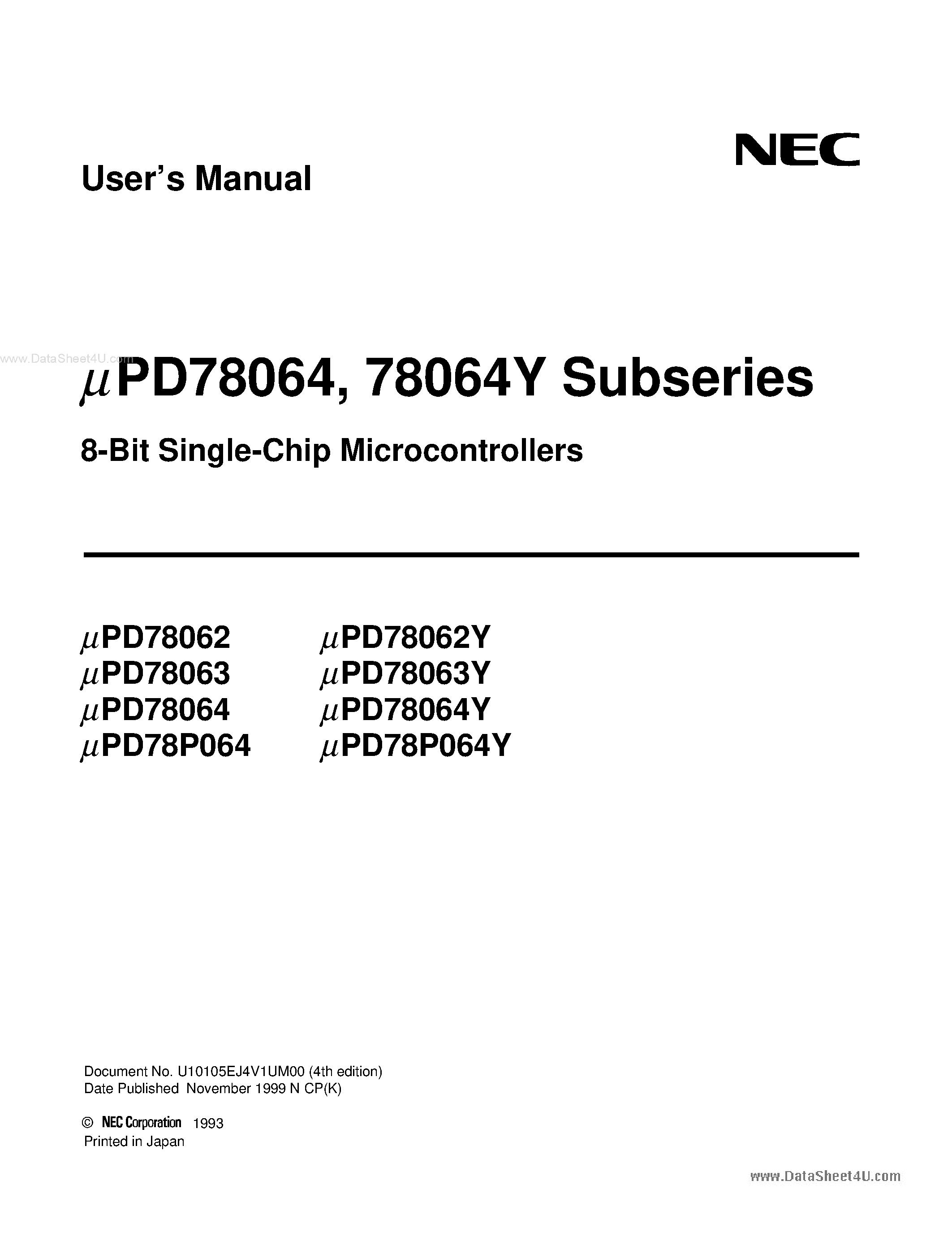 Datasheet UPD78062 page 1 Datasheet UPD78062 - (UPD78xxx) 8-Bit Single-Chip Microcontroller page 1