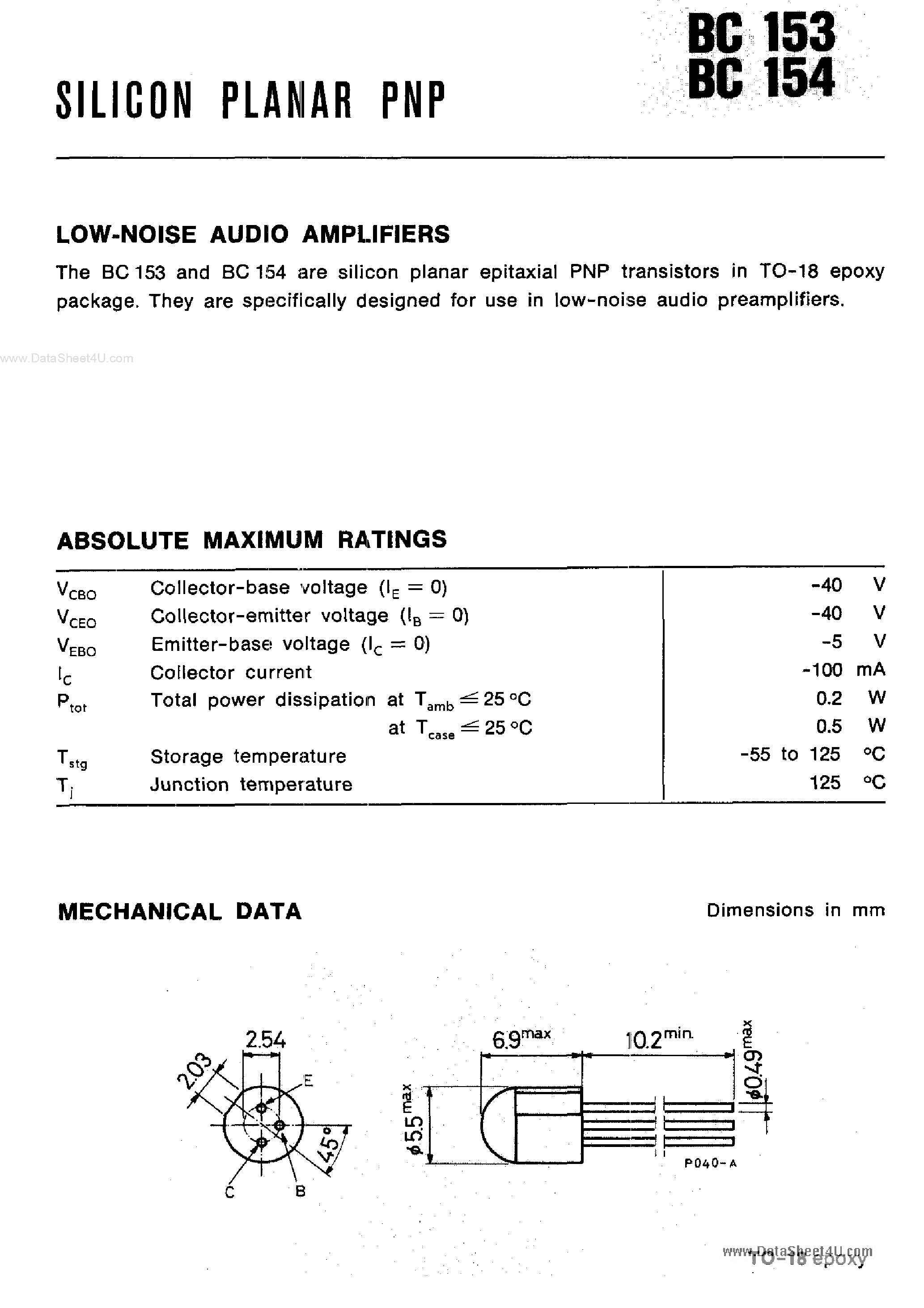 Datasheet BC153 page 1 Datasheet BC153 - (BC153 / BC154) Silicon Planar PNP page 1